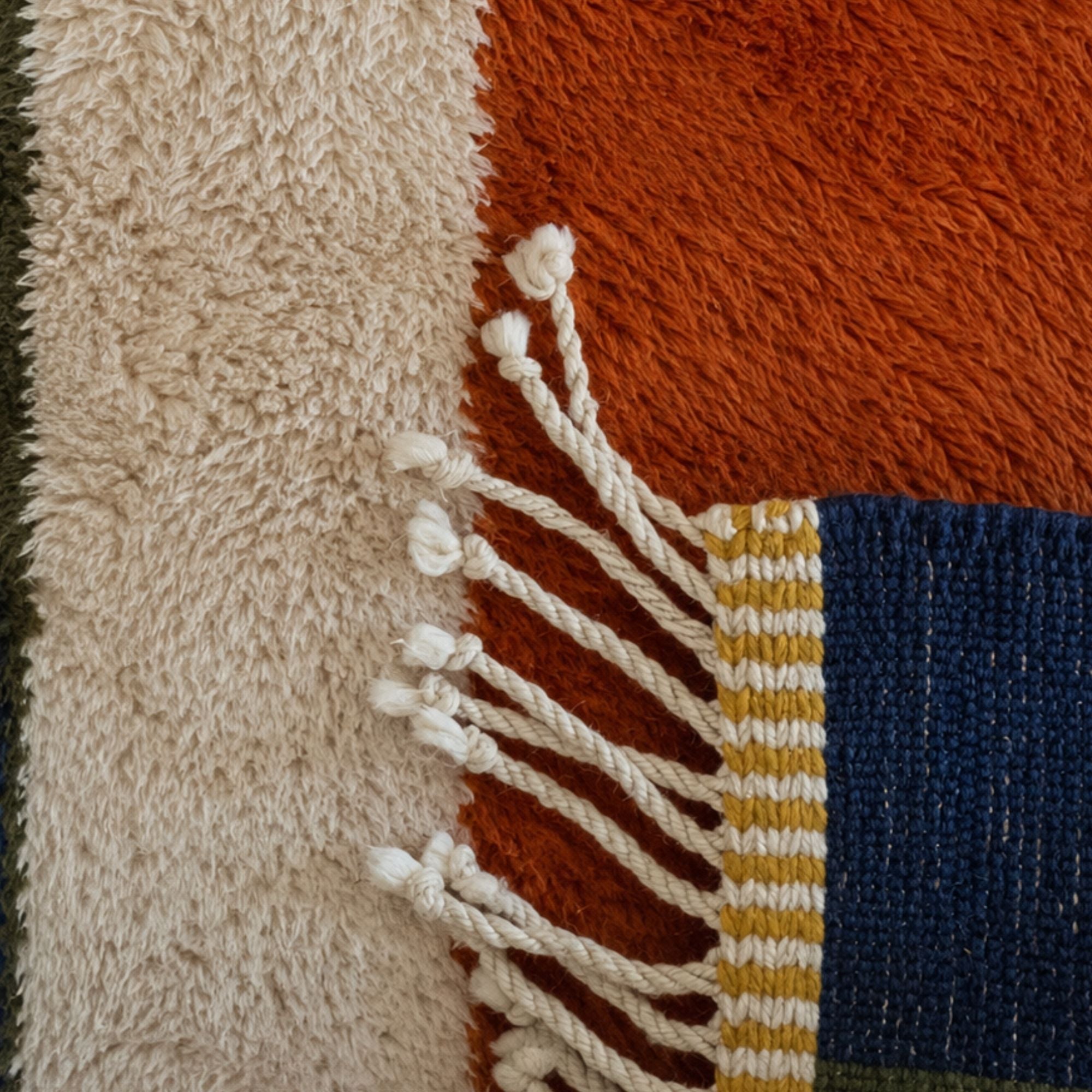 Detail of Passage handmade Moroccan rug showing natural wool fringe and colorful striped weave