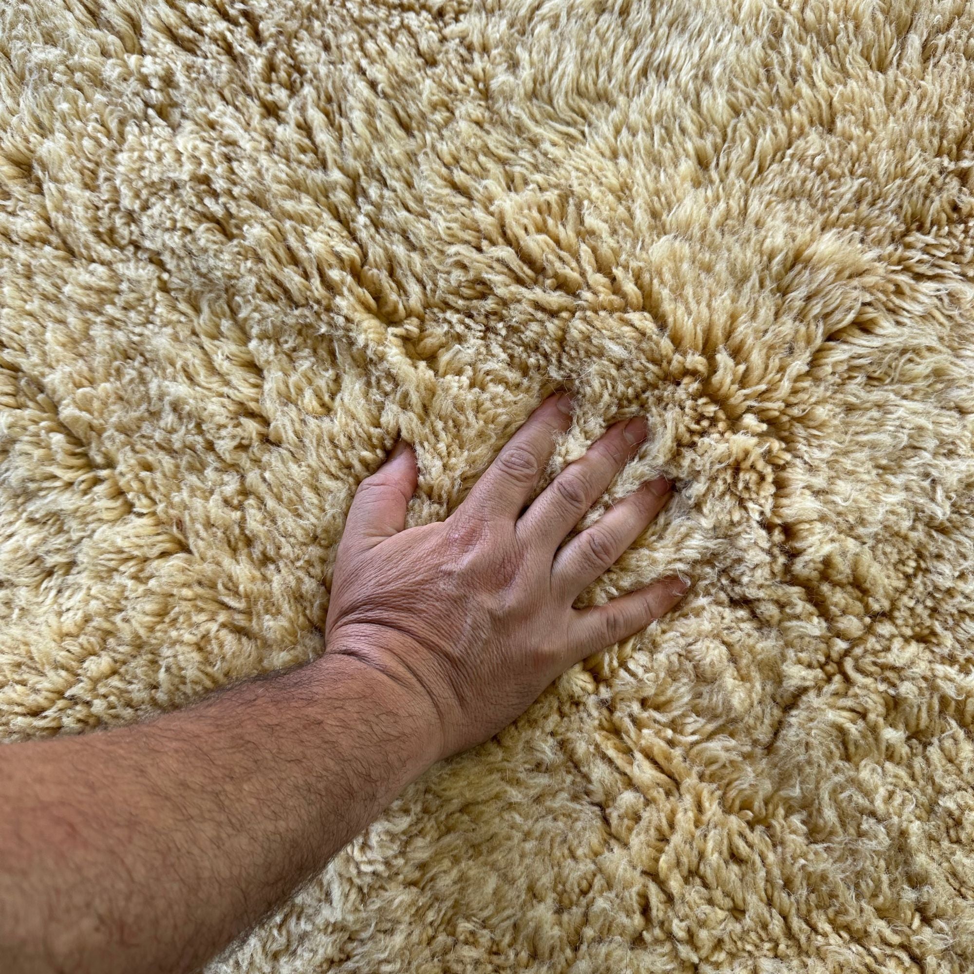 Ethereal Elegance handmade wool rug in stock with an immaculate creme color, long pile in the center, and flat edges, handwoven by Berber artisans