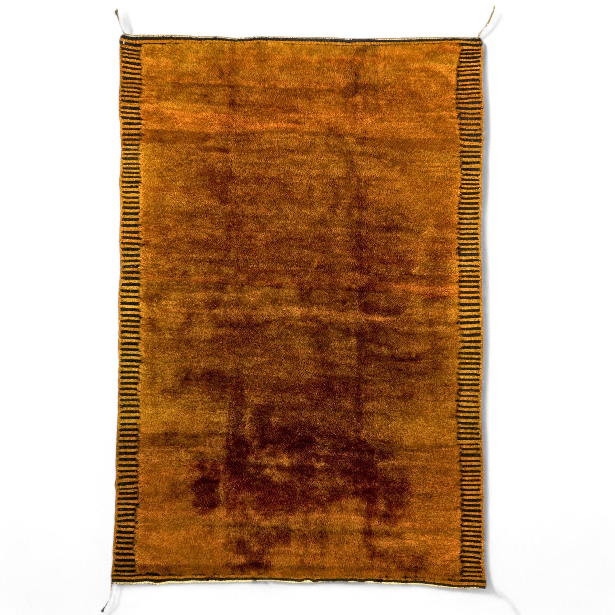 Ethereal Embrace high pile Moroccan rug with a brown base, black stripes, and flat edges, handwoven by Berber artisans