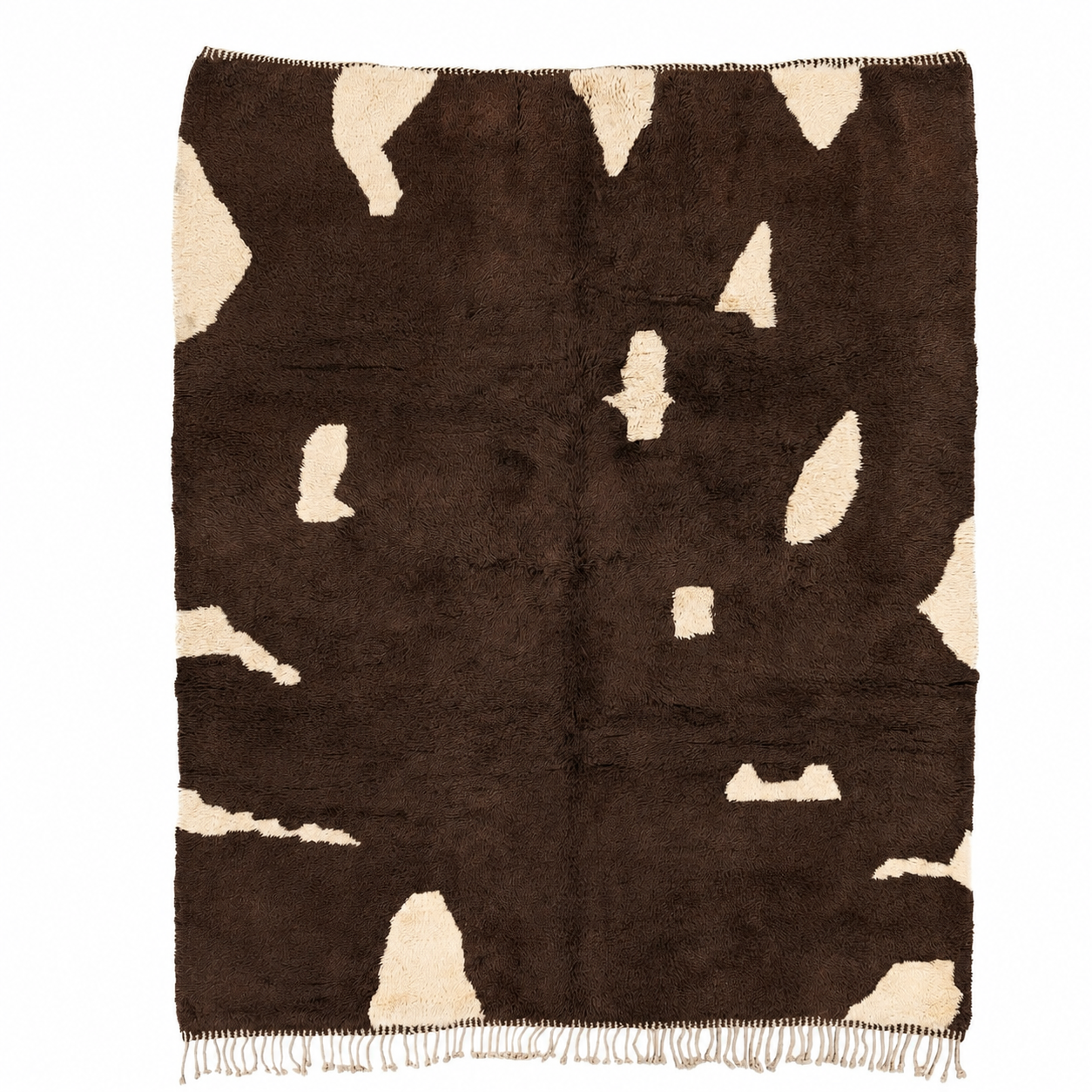 Fragment No. 01 handwoven Moroccan wool rug in chocolate brown with abstract ivory forms, flat lay view.