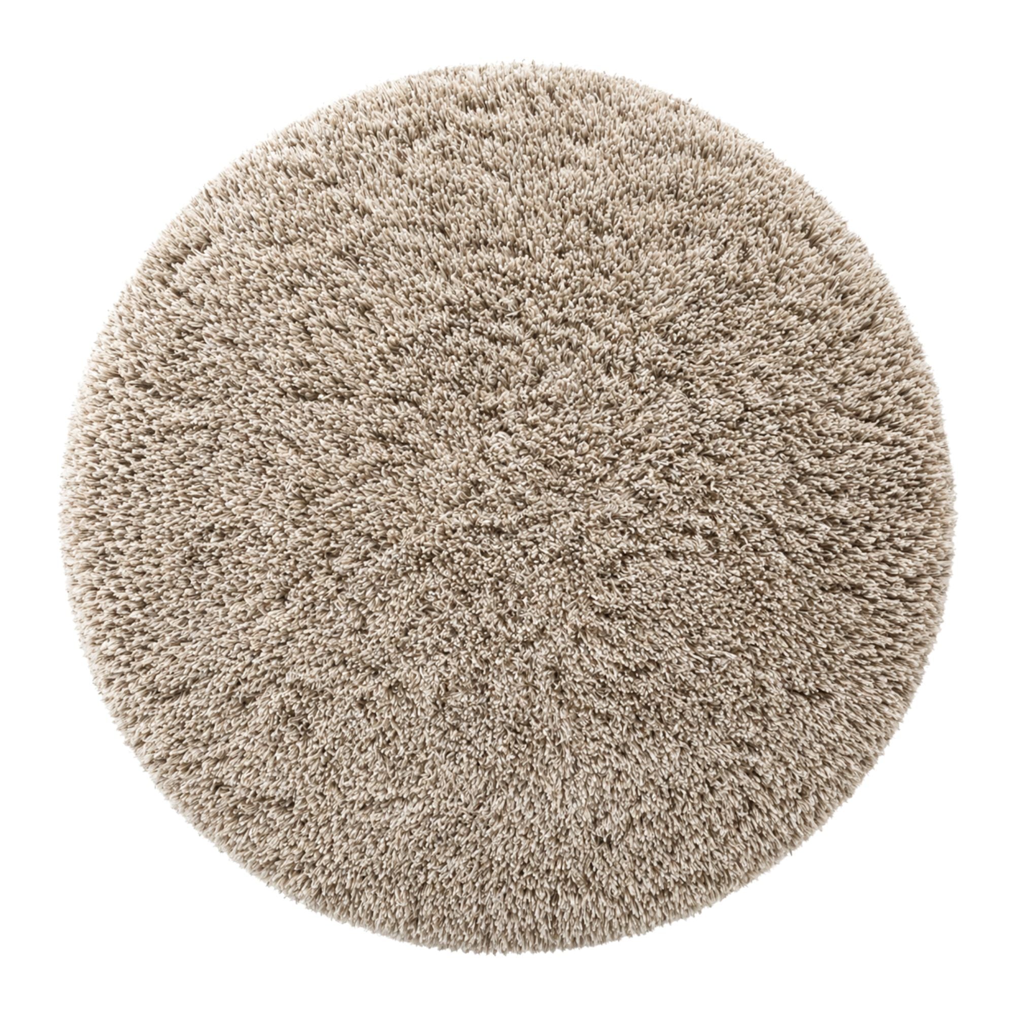 Halo Round Rug flat lay in natural ivory wool with ultra-soft long pile texture, handmade round Moroccan rug crafted in Beni Mrirt Morocco.
