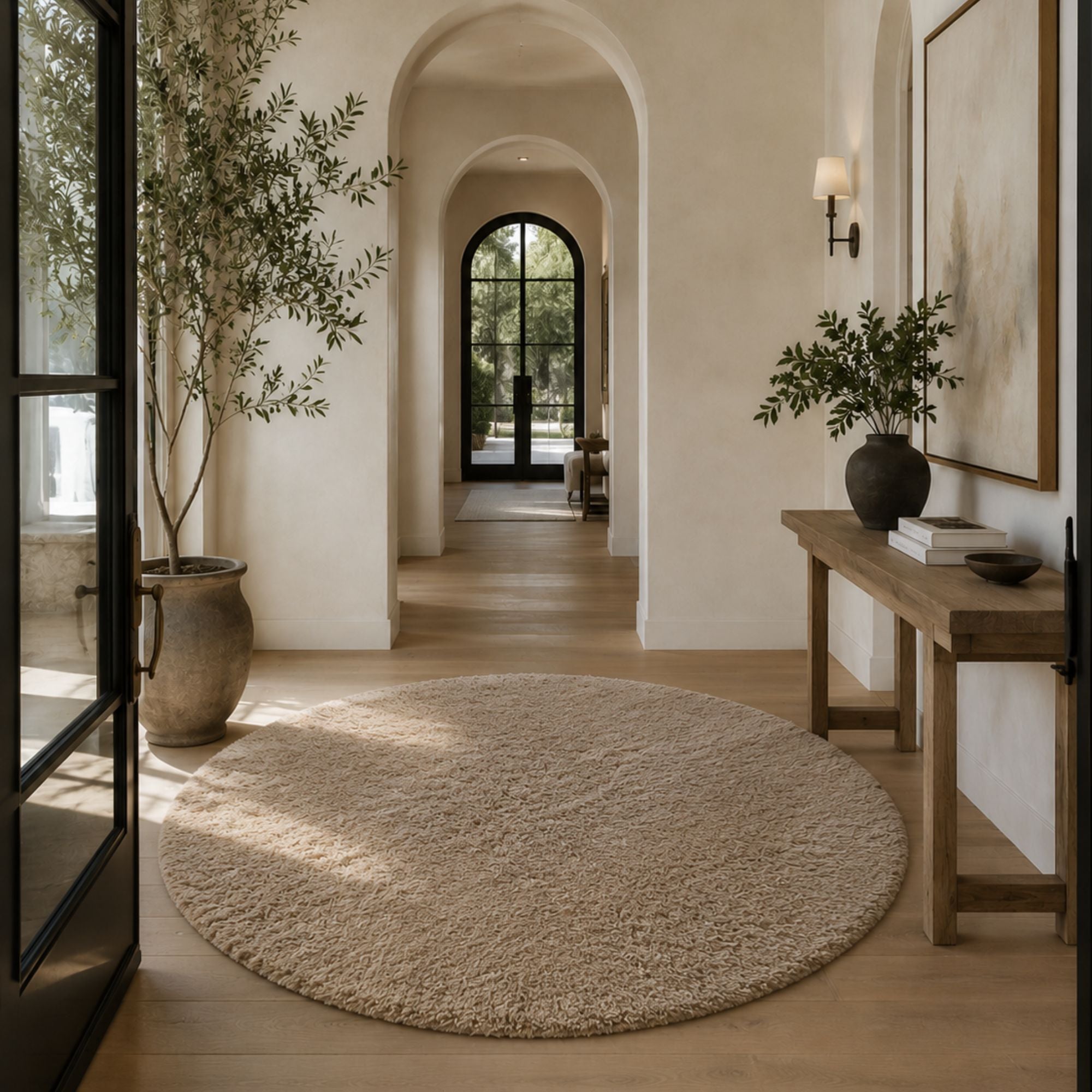 Halo Round Rug styled in a warm minimalist hallway featuring sculptural high pile wool texture and round organic silhouette in a luxury interior.