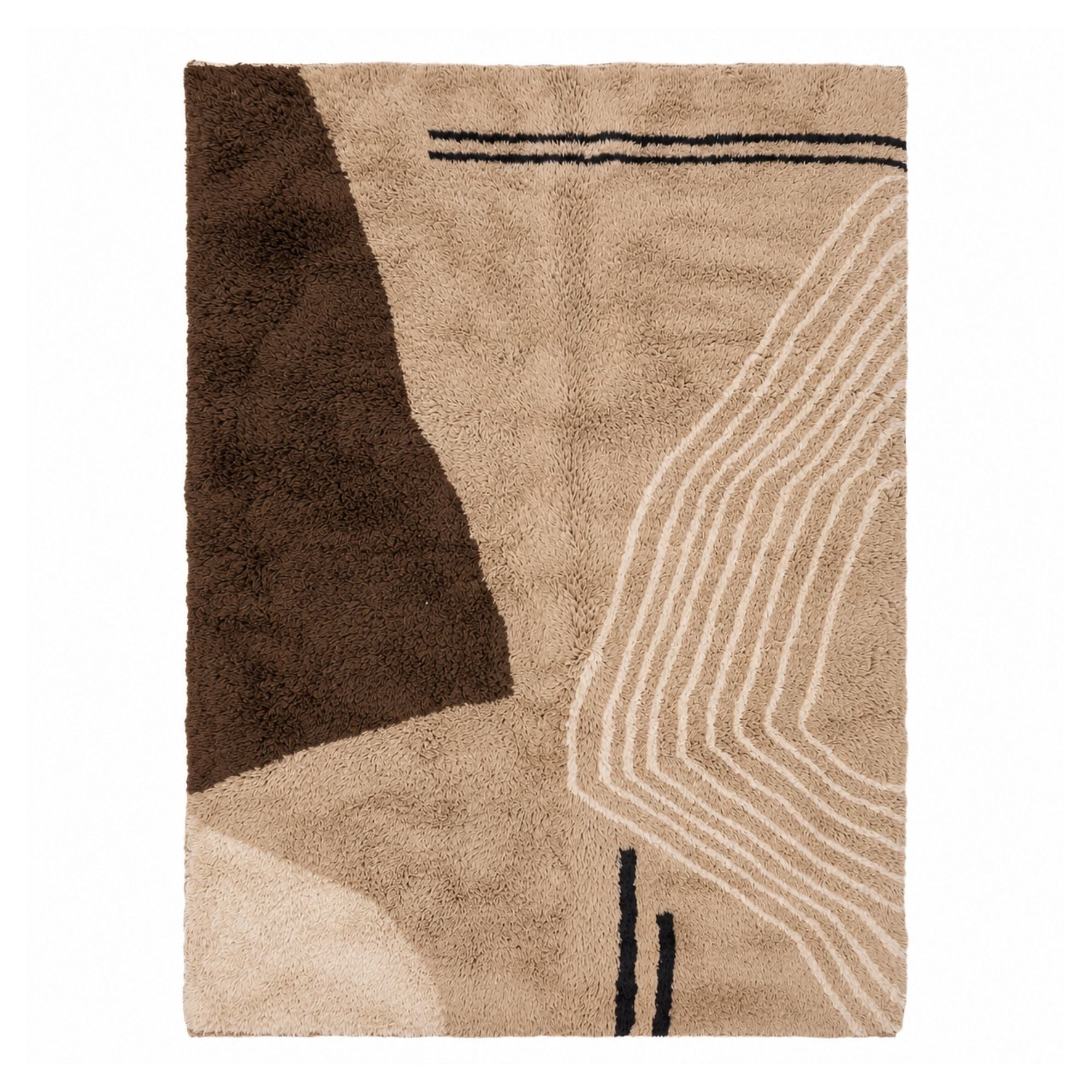 Handmade Moroccan wool rug in warm sand and espresso tones with abstract carved lines and high-pile Berber texture on a neutral background.