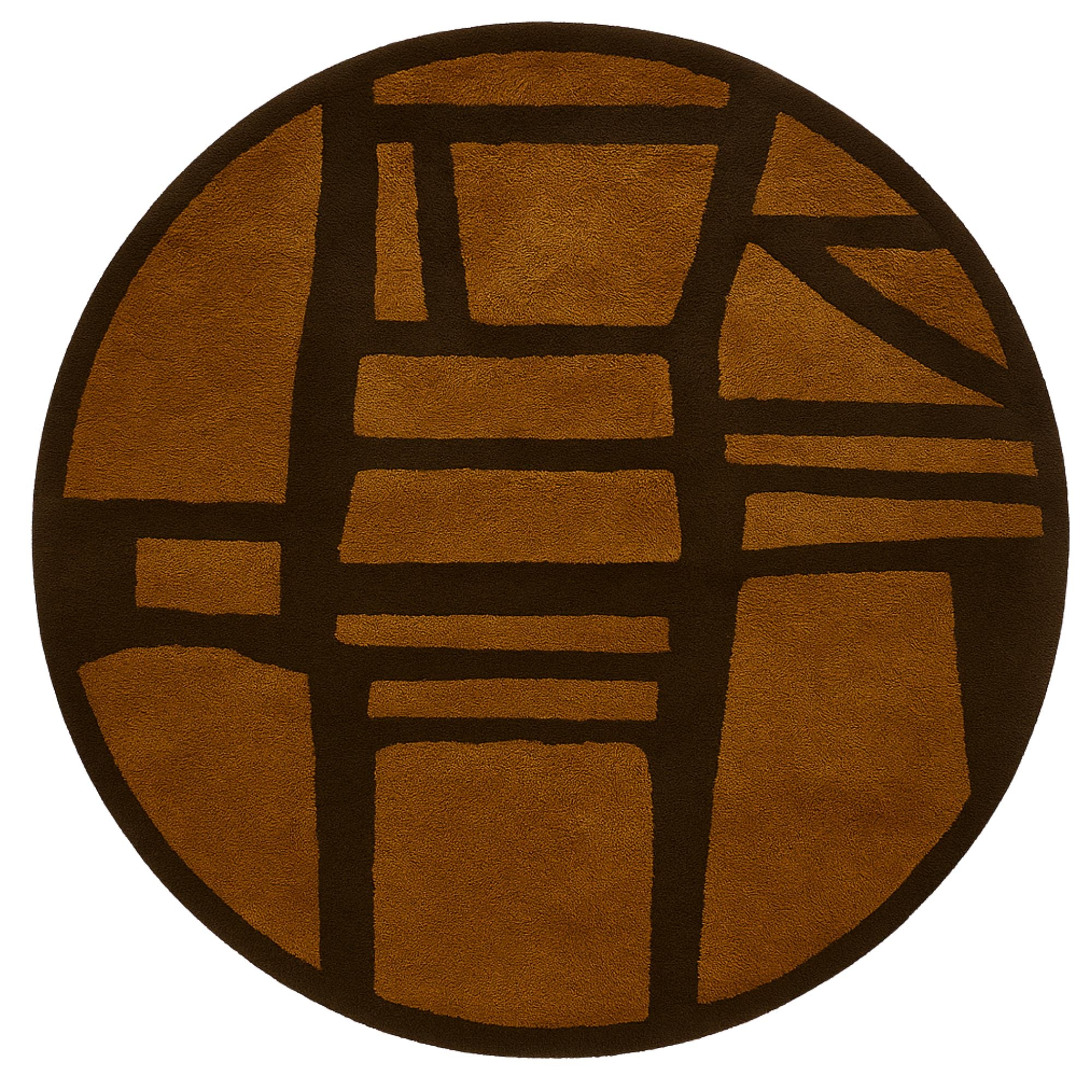 Handwoven Moroccan round wool rug, Earthbound Geometry design from Tactile Reverie collection, deep chocolate brown flat weave with cocoa high-pile geometric shapes, architectural pattern with plush texture.