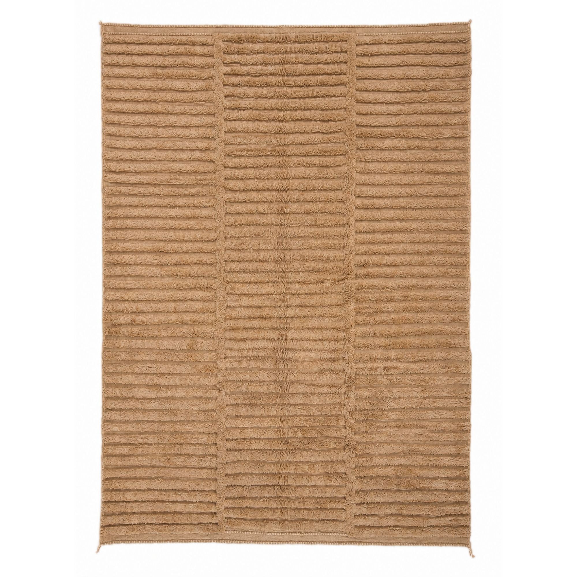Handwoven Moroccan rug Strata No. 02 in warm camel tone, textured wool rug with horizontal high-pile relief design