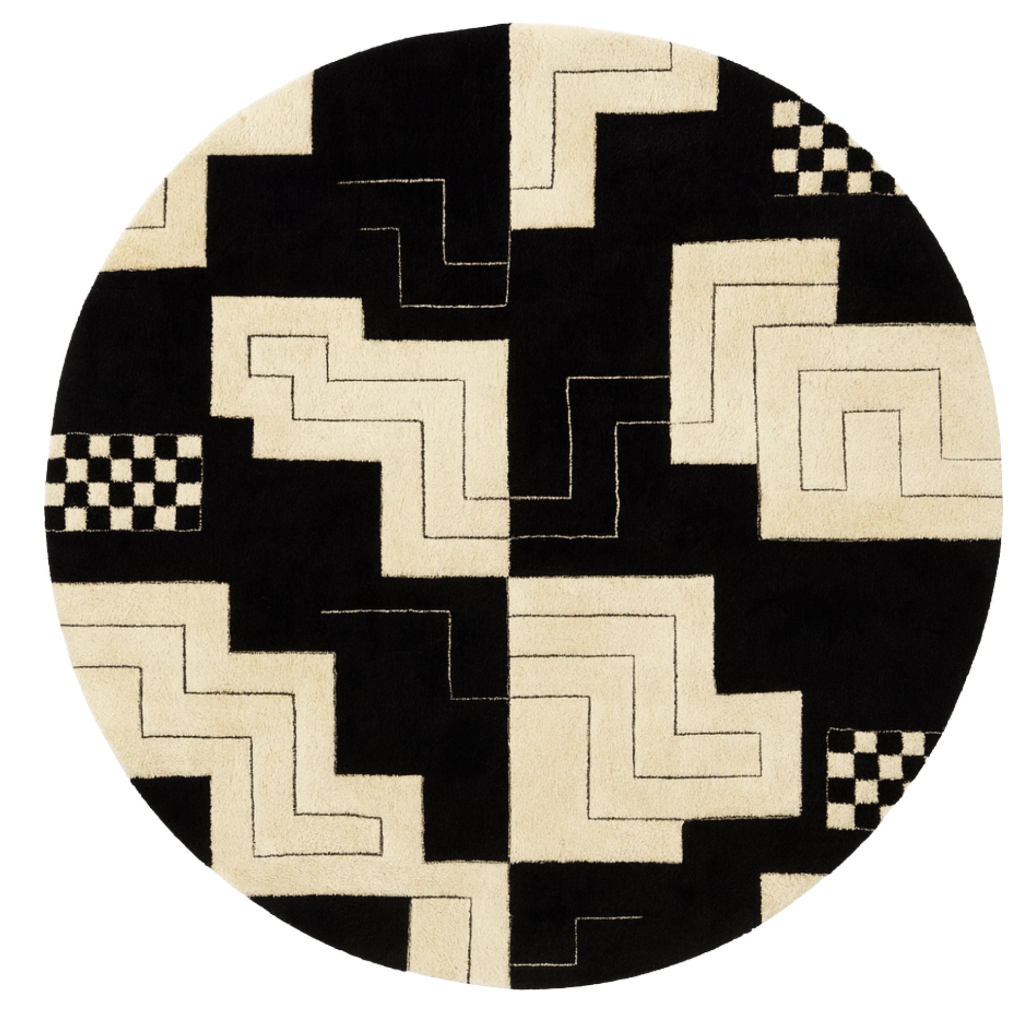 Handwoven Moroccan wool round rug, Crossing design from Soft Geometry collection, black and natural ivory geometric stair-step and checkerboard motifs, high-pile texture.