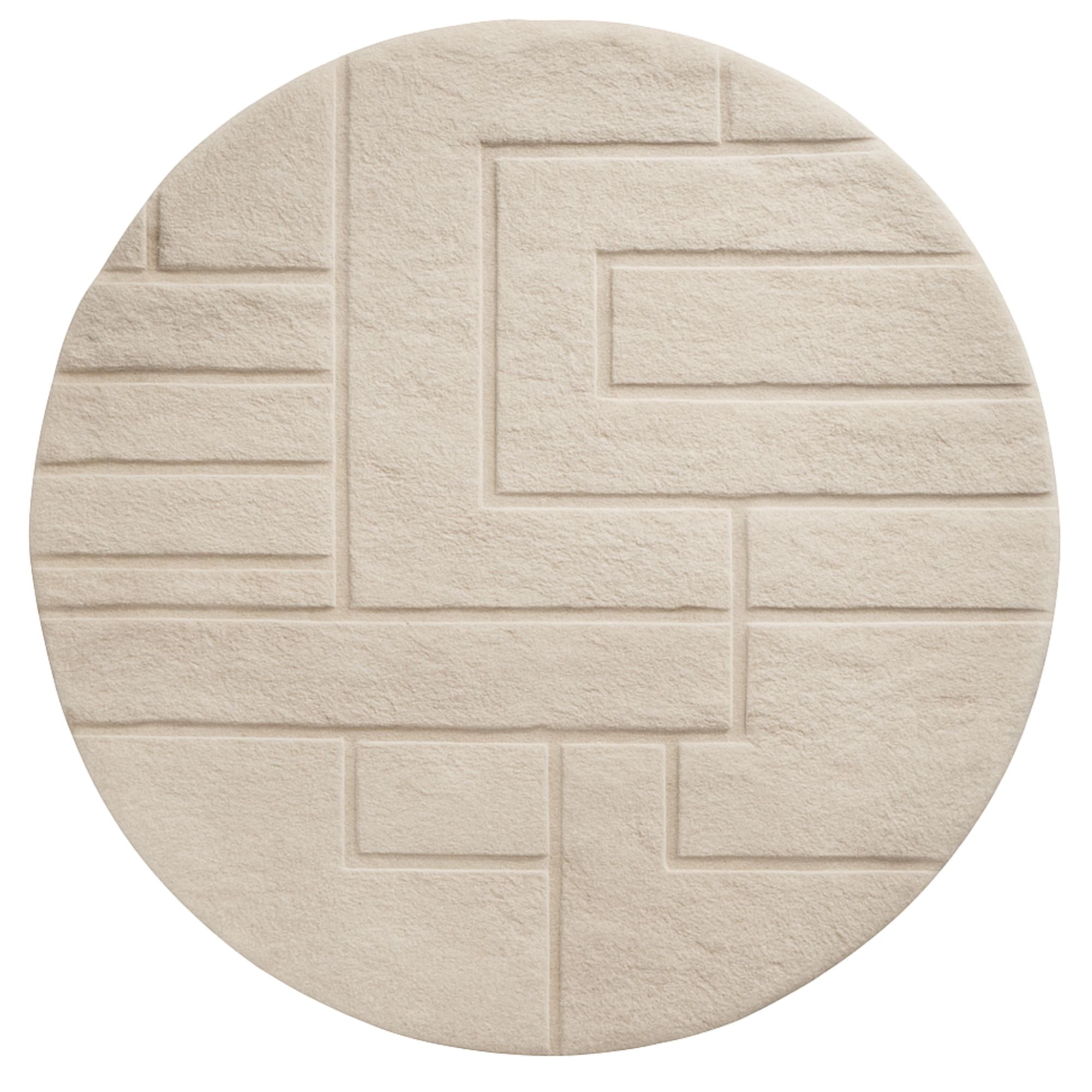 Handwoven Moroccan wool round rug, Echo Loops design from Tactile Reverie collection, ivory high-pile with hand-carved concentric line pattern revealing flatwoven base, sculptural and minimal.