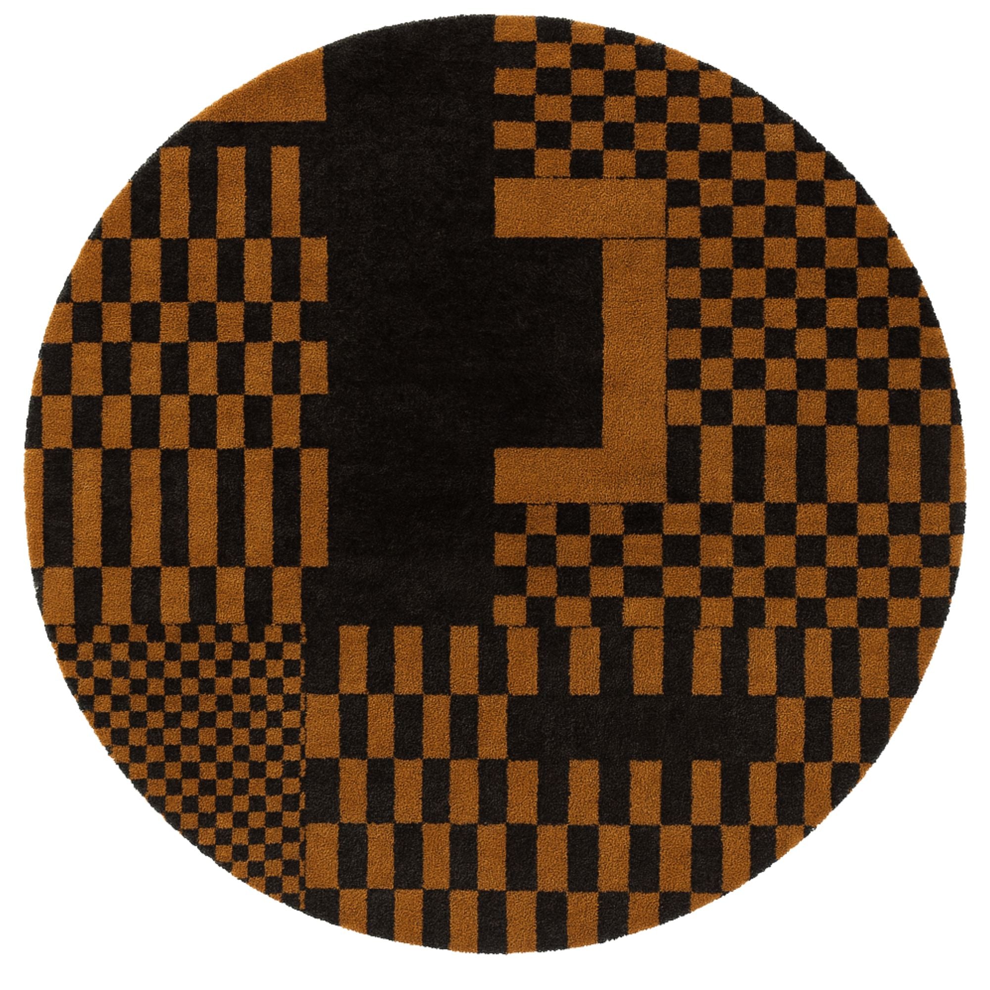 Handwoven Moroccan wool round rug, Frequencies design from Soft Geometry collection, burnt amber and blackened umber checkerboard pattern with shifting scales, high-pile texture.