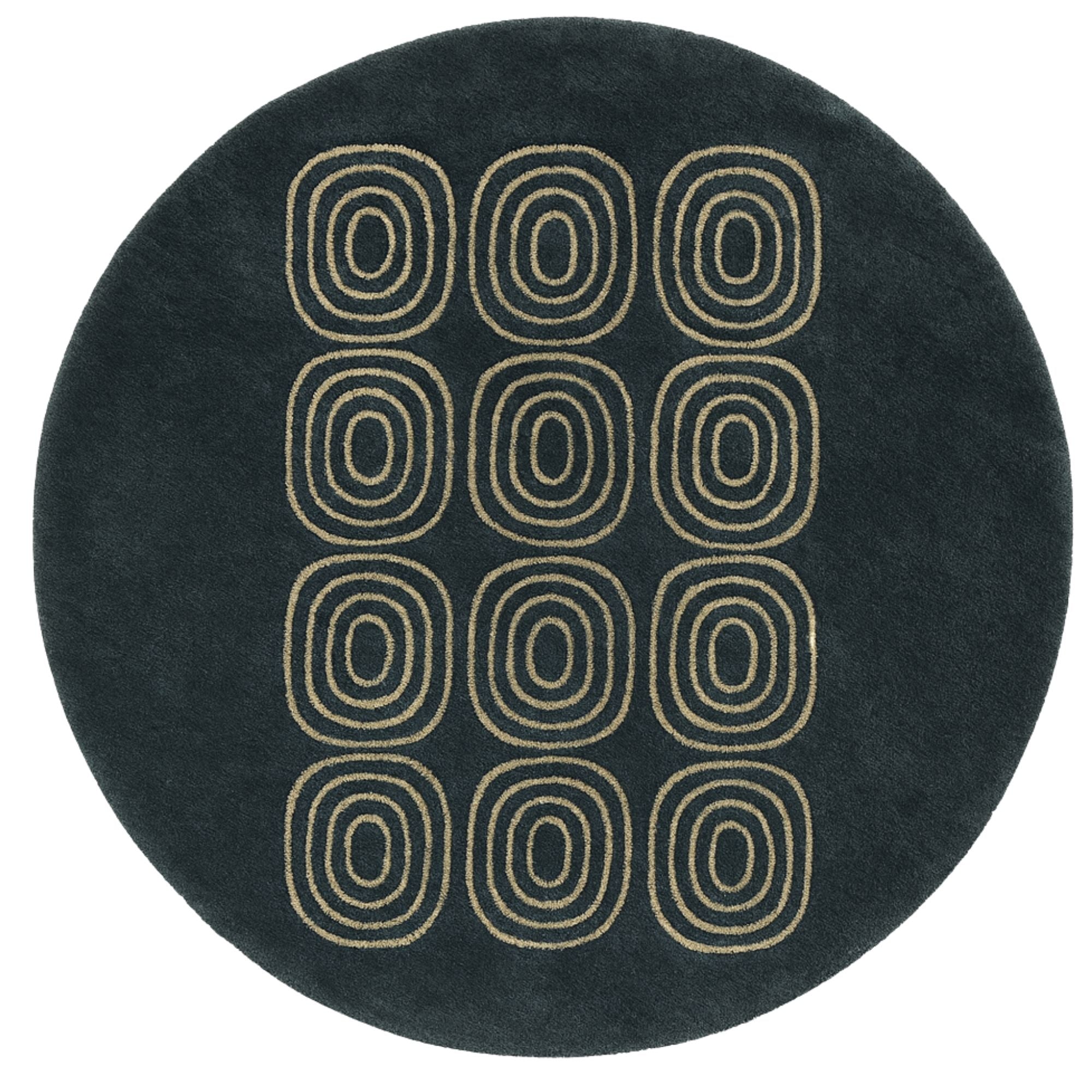 Handwoven Moroccan wool round rug, Resonance design from Soft Geometry collection, storm blue with warm ivory concentric oval motifs, high-pile texture.
