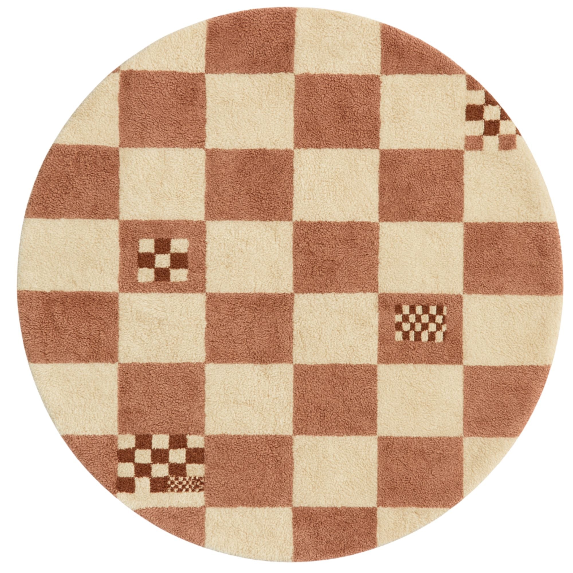 Handwoven Moroccan wool round rug, Whispered Codes design from Soft Geometry collection, terracotta and cream checkerboard pattern with small checker inserts, high-pile texture.