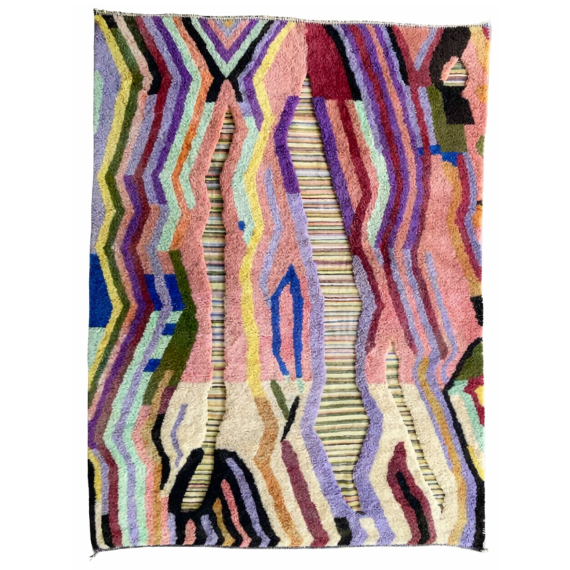 Handwoven Moroccan wool rug, Chorus design, multicolor rippling stripe pattern, high-pile texture.