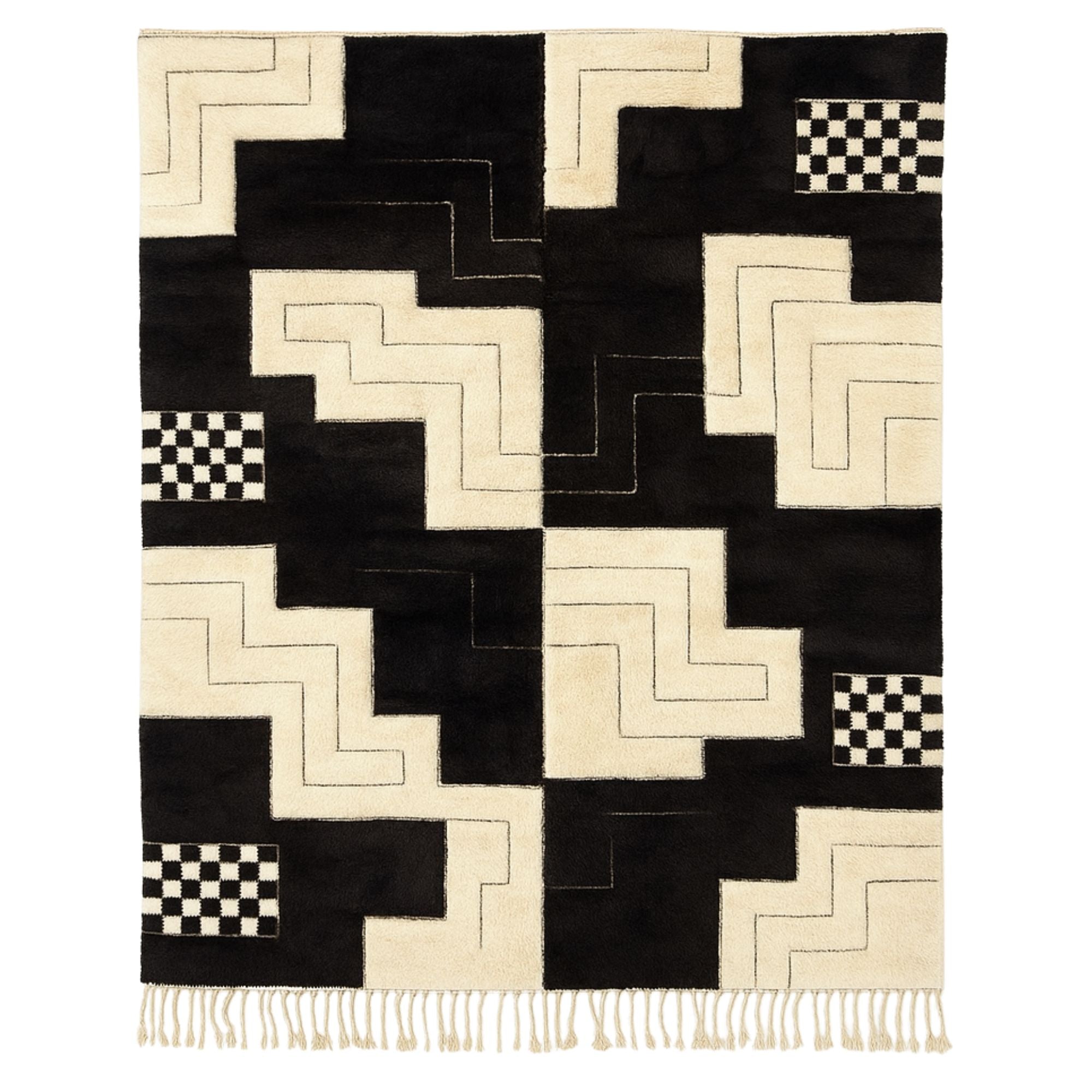 Handwoven Moroccan wool rug, Crossing design from Soft Geometry collection, black and natural ivory geometric pattern with stair-step motifs and checkerboard accents, high-pile texture with fringe edges.