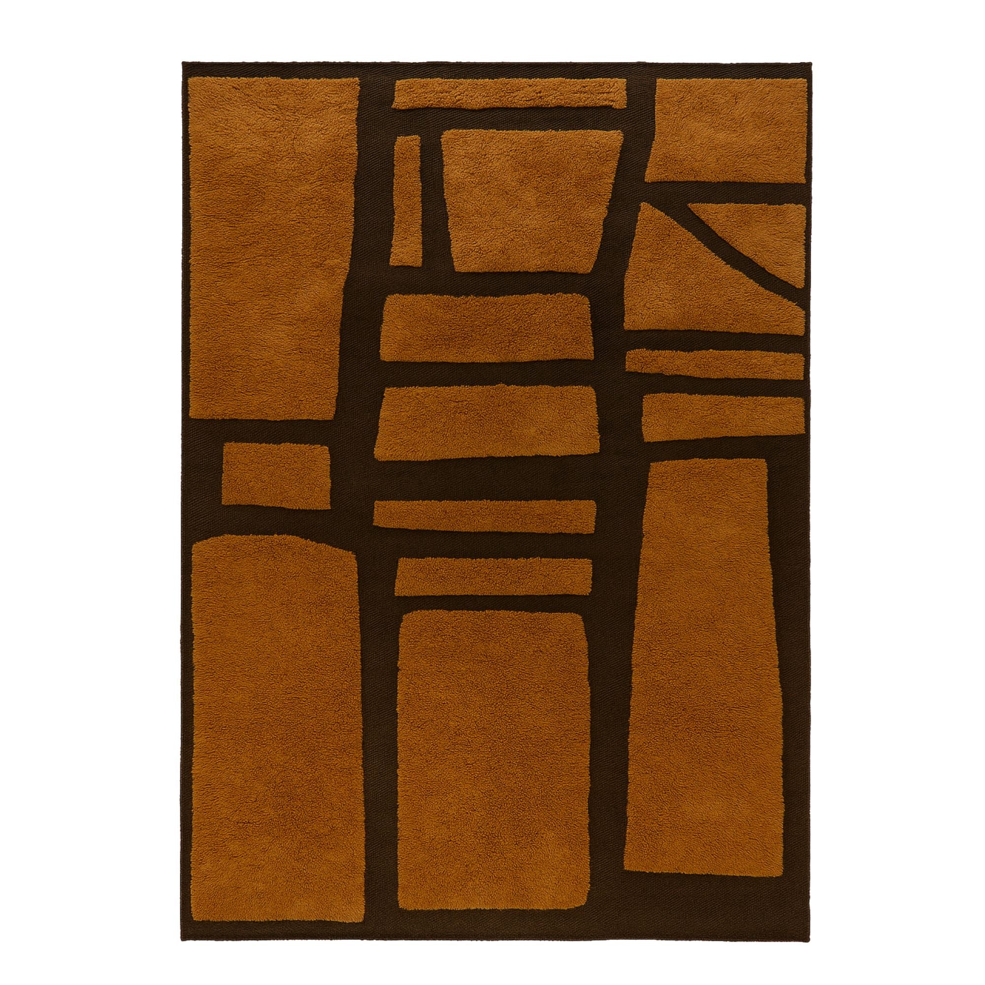 Handwoven Moroccan wool rug, Earthbound Geometry design from Tactile Reverie collection, deep chocolate brown lines framing cocoa-toned high pile, geometric architectural pattern.