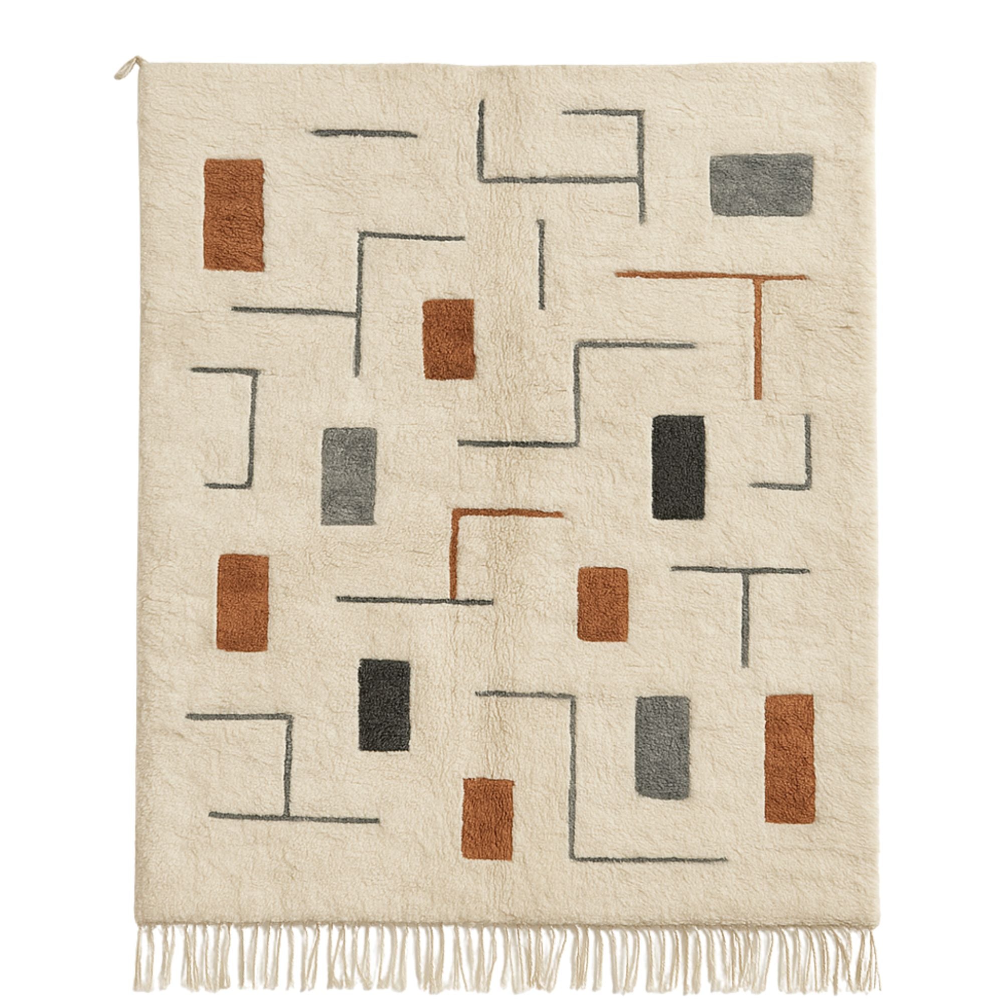 Handwoven Moroccan wool rug, Field Study design from Soft Geometry collection, ivory background with fog grey, sumi ink, and rusted copper rectangular motifs, high-pile texture with fringe edges.