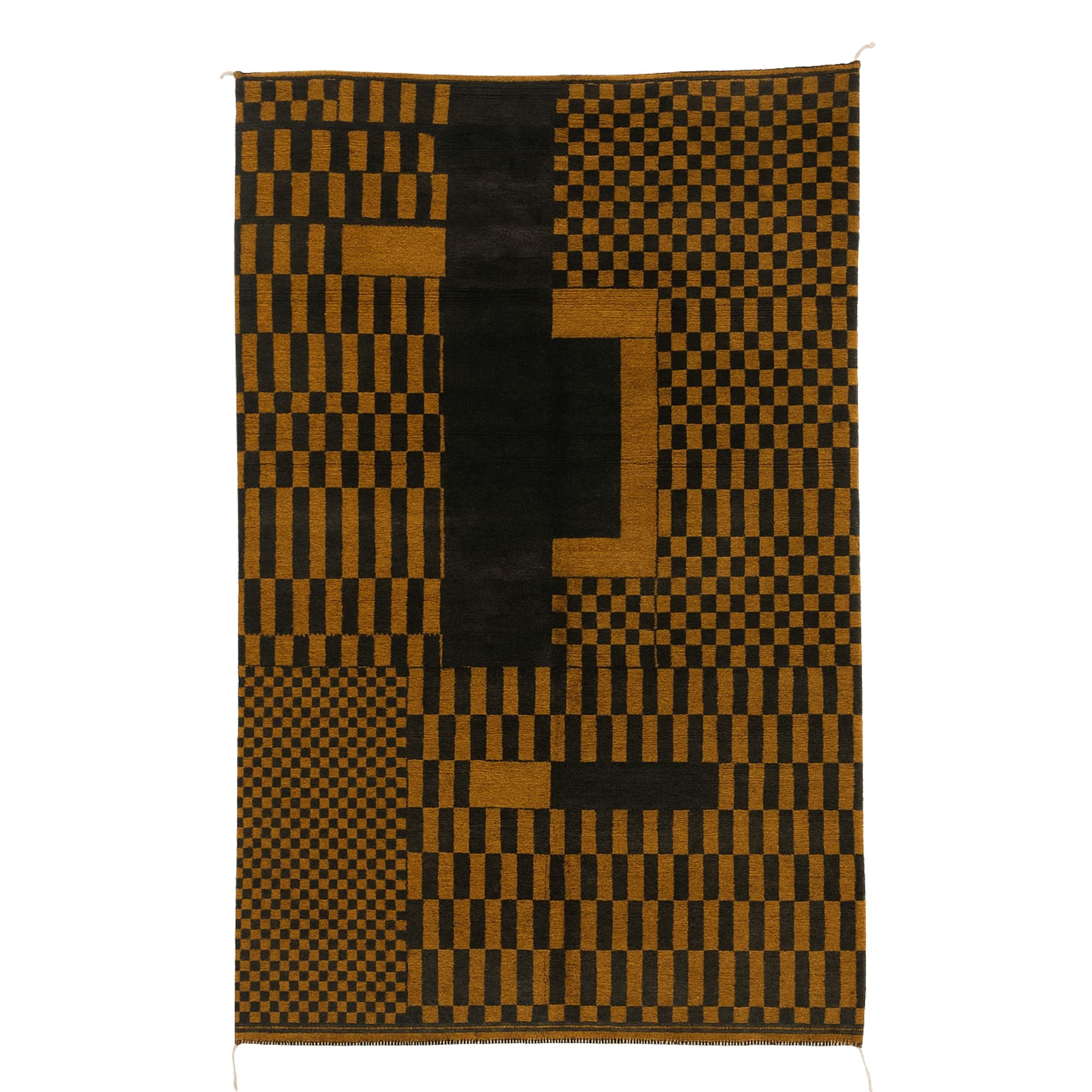Handwoven Moroccan wool rug, Frequencies design from Soft Geometry collection, burnt amber and blackened umber geometric checkerboard pattern with shifting scales, high-pile texture.