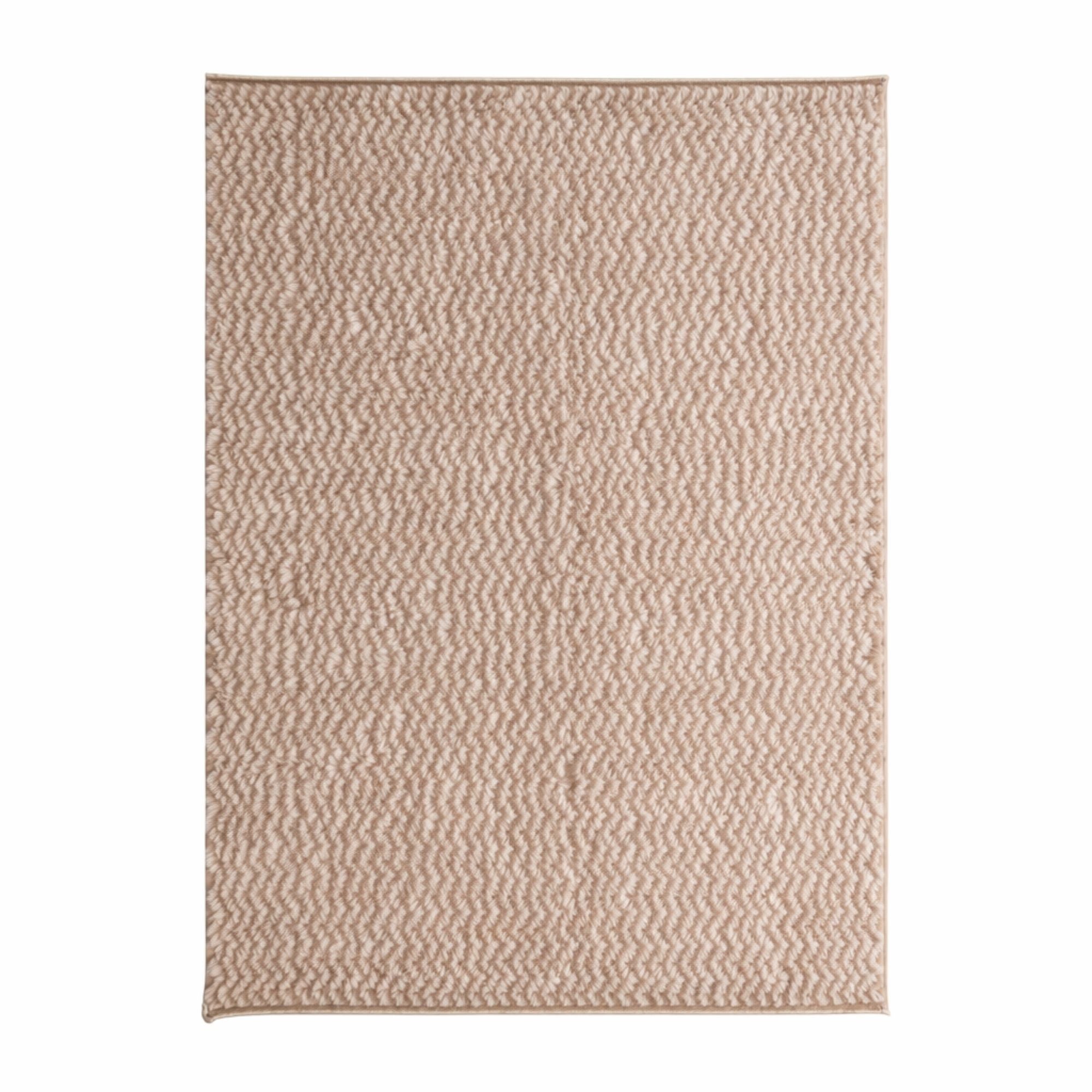 Handwoven Moroccan wool rug, Haze design, camel and cream woven texture, high-pile detail.