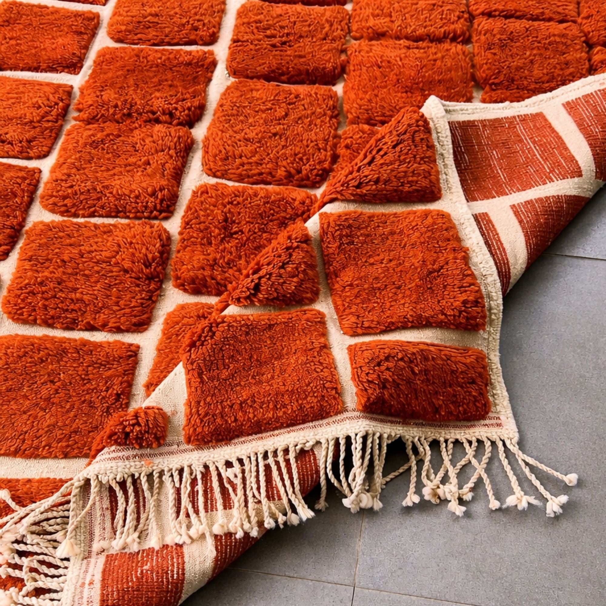 Handwoven Moroccan wool rug, Kiln design, staggered orange block detail with cream fringe.