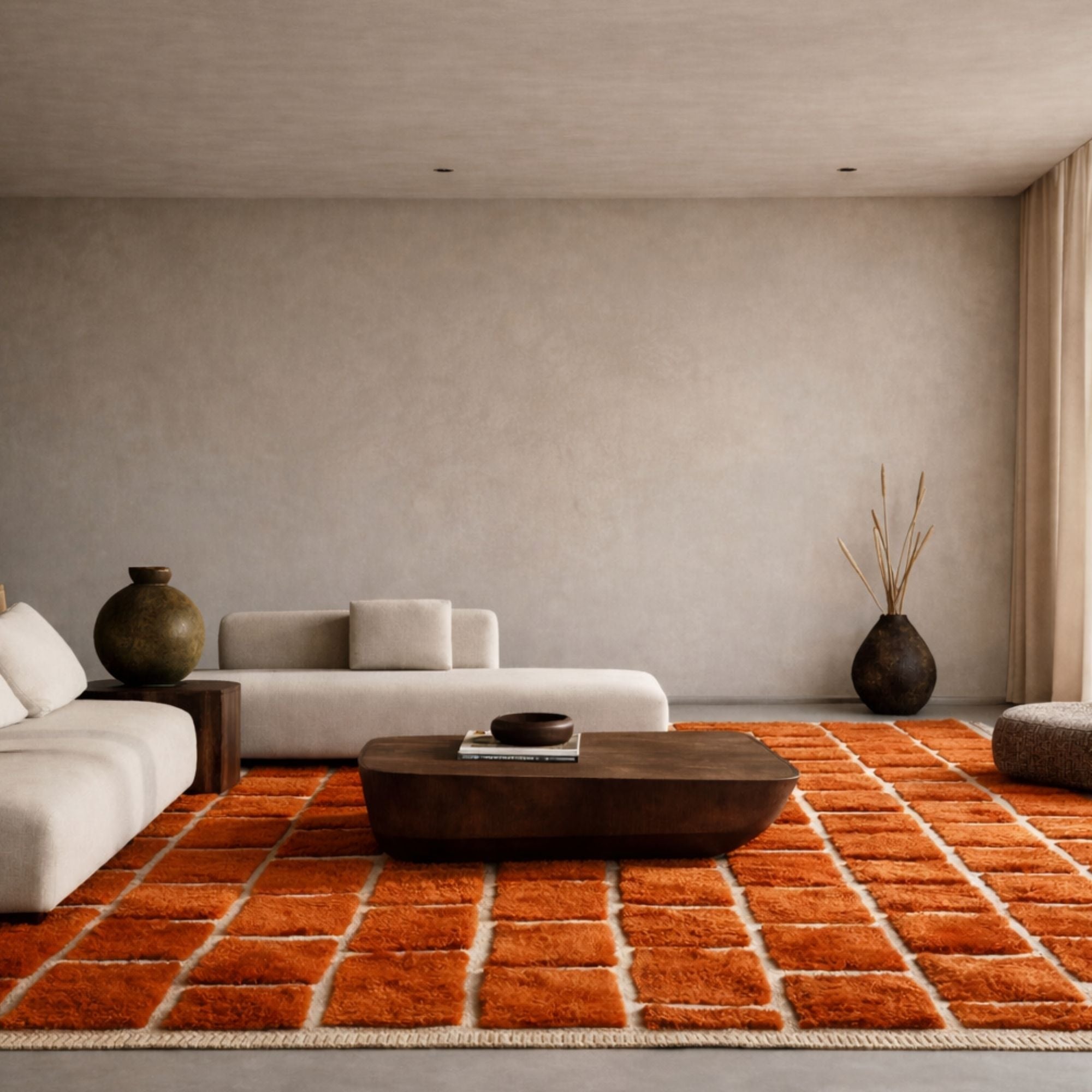 Handwoven Moroccan wool rug, Kiln design styled in a minimal neutral living room.