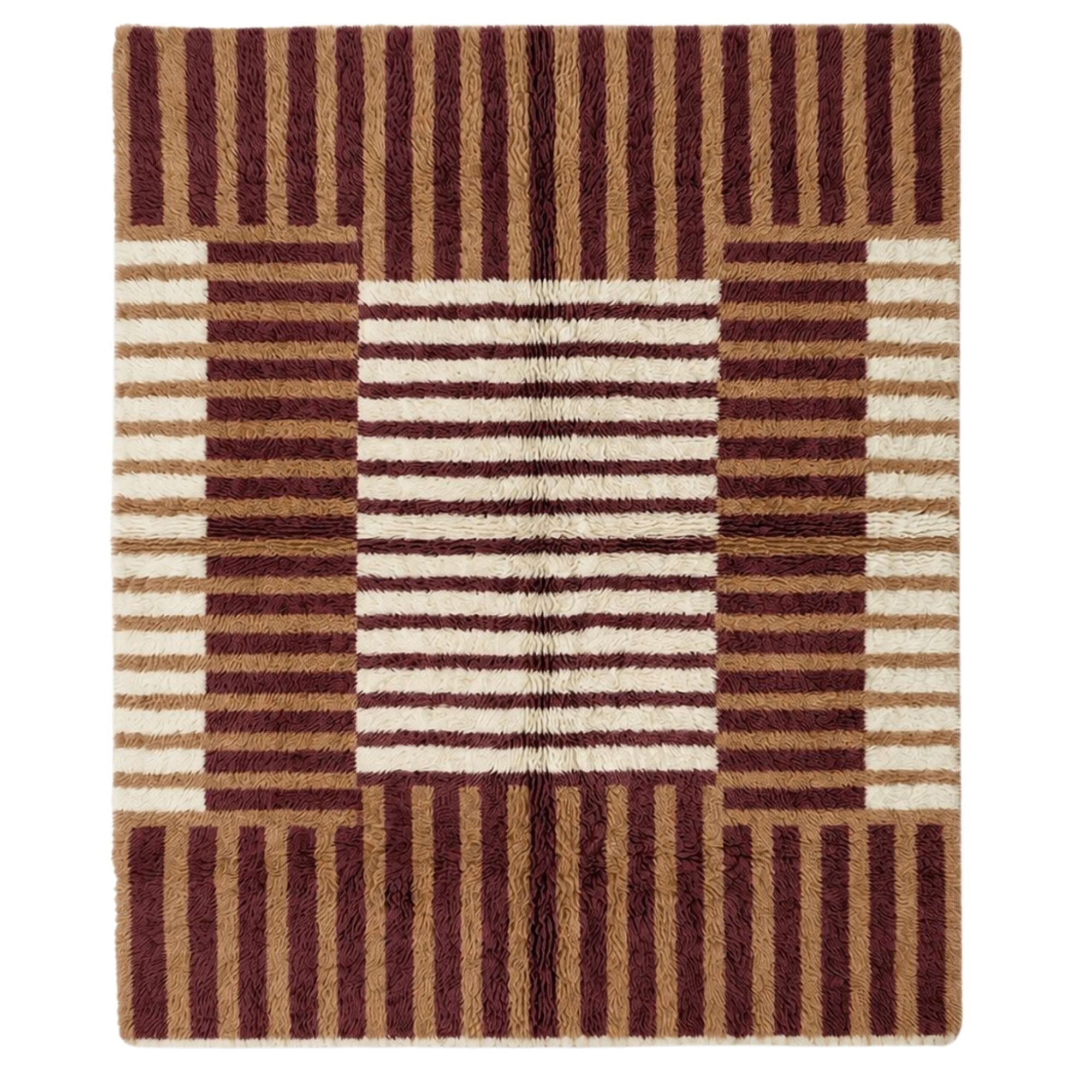 Handwoven Moroccan wool rug, Lattice design, burgundy and camel striped grid pattern, high-pile texture.