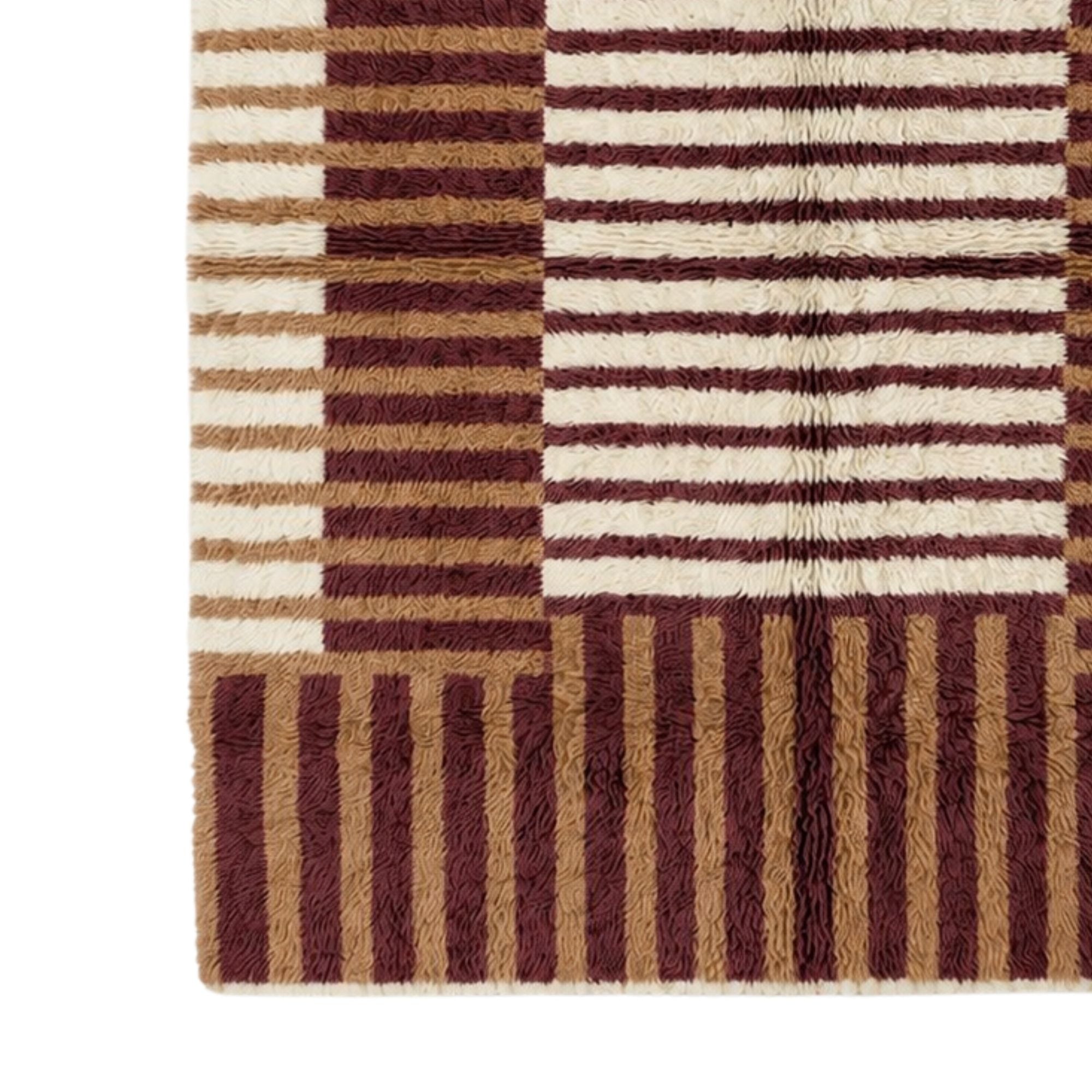 Handwoven Moroccan wool rug, Lattice design, corner detail showing vertical and horizontal stripe blocks.