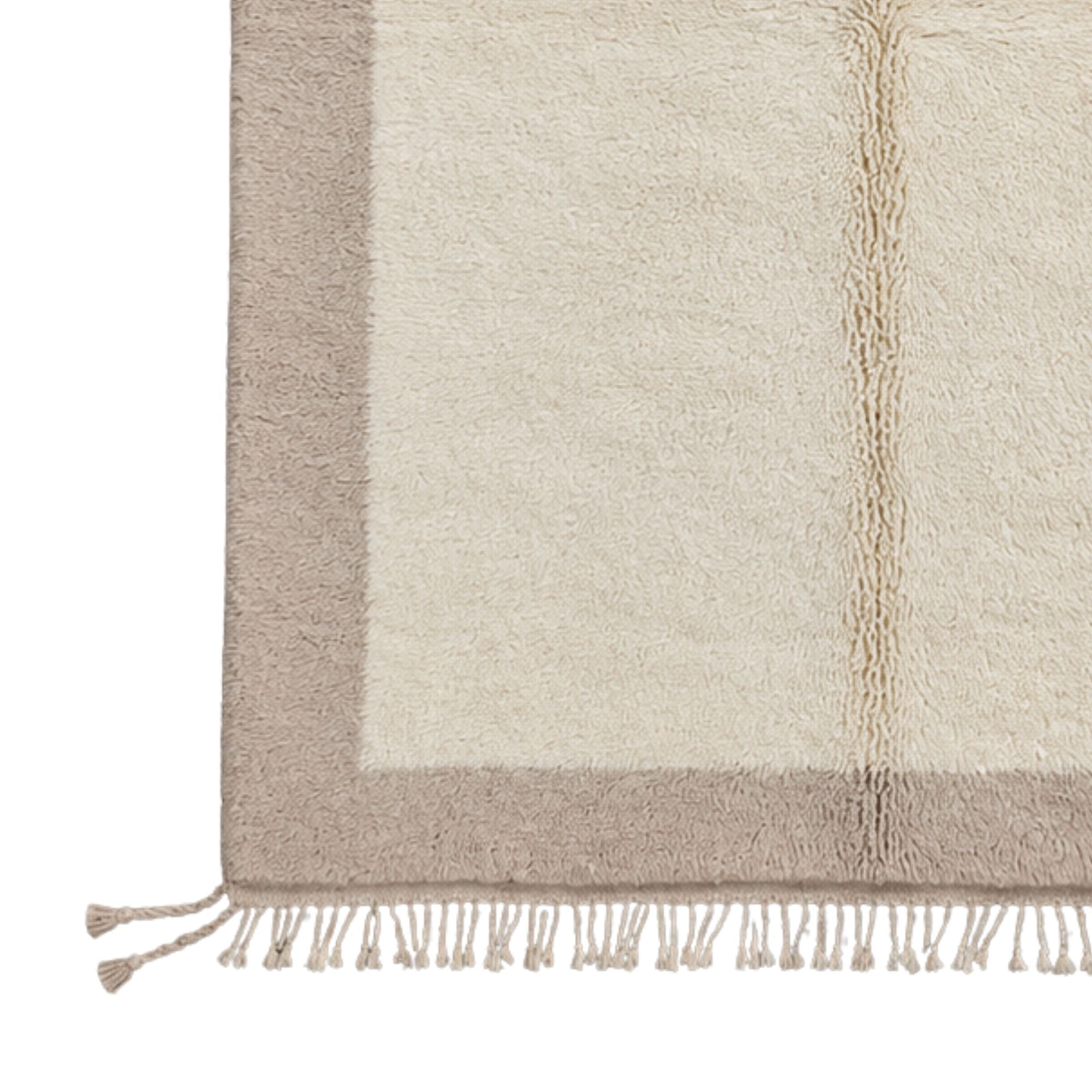 Handwoven Moroccan wool rug, Meridian design, close-up of braided tassel fringe and high-pile edge.