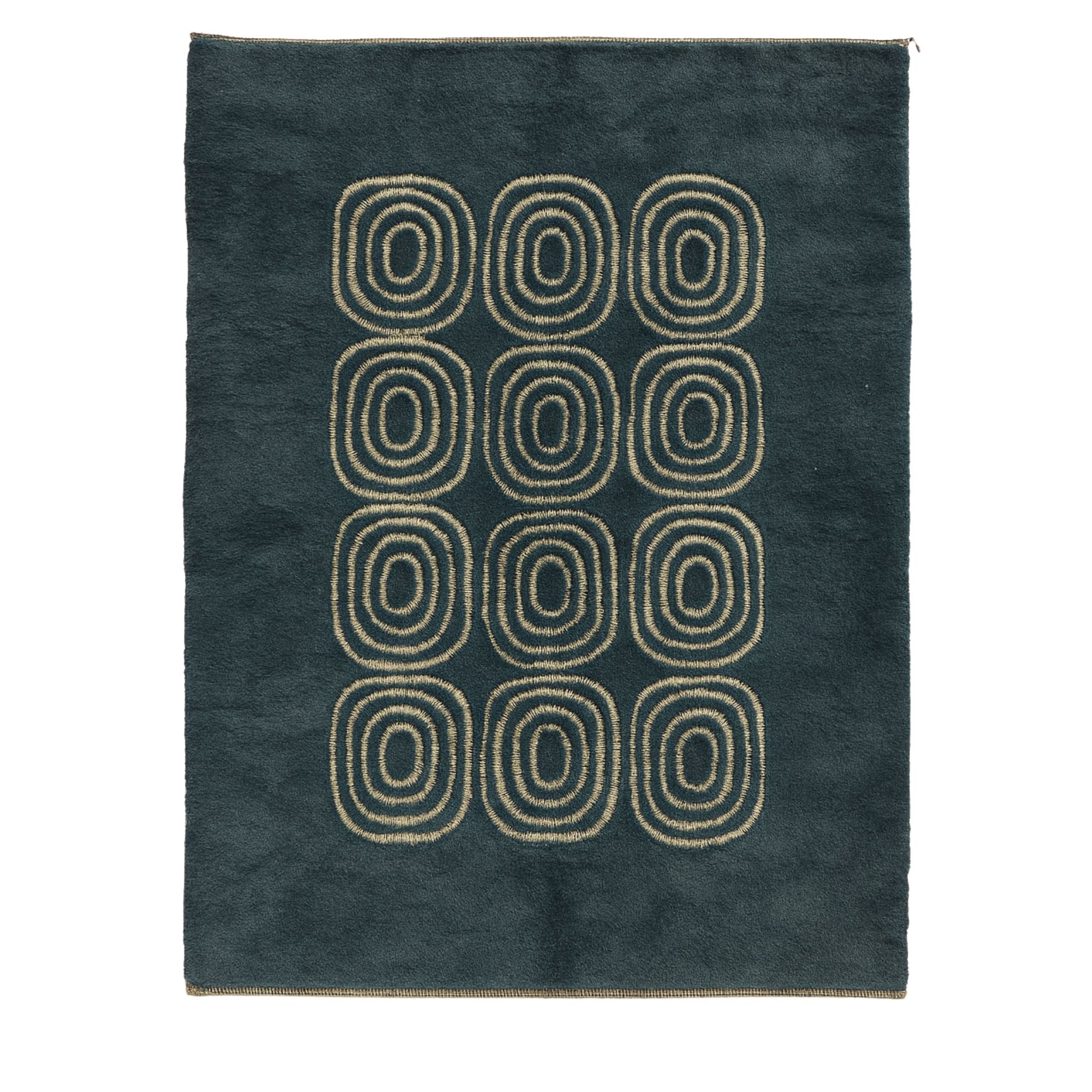 Handwoven Moroccan wool rug, Resonance design from Soft Geometry collection, storm blue background with warm ivory concentric oval motifs, high-pile texture.