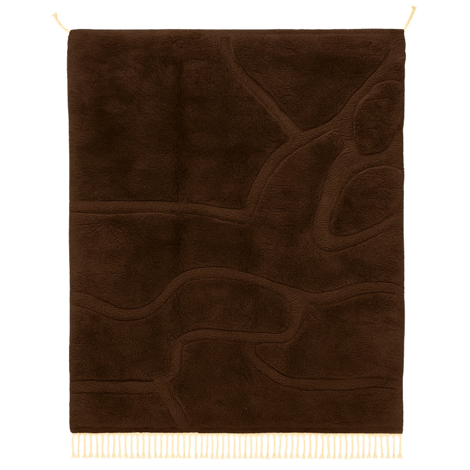 Handwoven Moroccan wool rug, Umber Veil design from Tactile Reverie collection, deep chocolate brown high-pile surface with sculpted abstract desert path lines and white fringe ends.