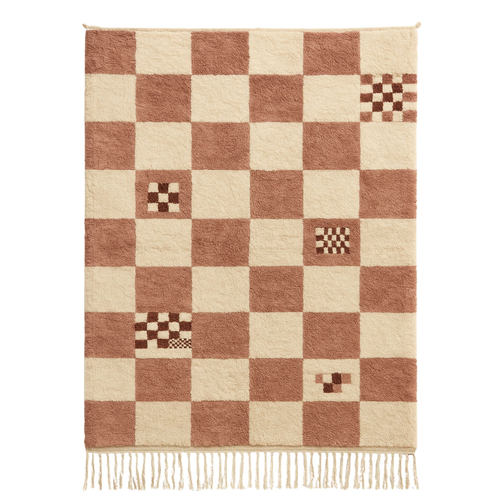 Handwoven Moroccan wool rug, Whispered Codes design from Soft Geometry collection, terracotta and cream checkerboard pattern with smaller checker inserts, high-pile texture with fringe edges.