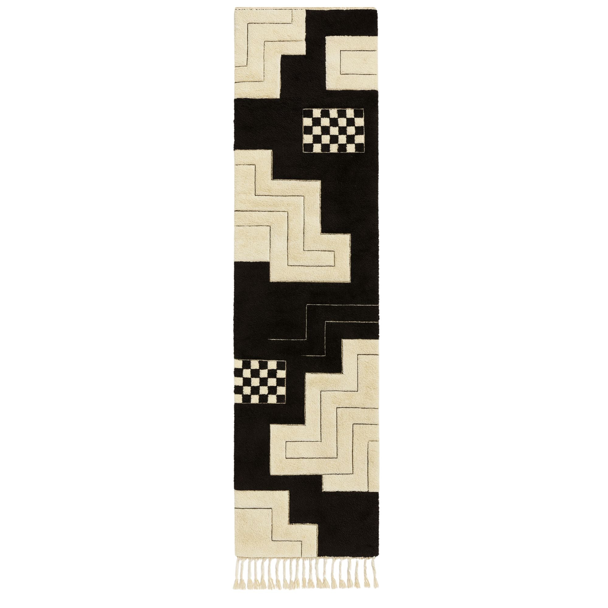 Handwoven Moroccan wool runner, Crossing design from Soft Geometry collection, black and natural ivory geometric pattern with stair-step and checkerboard motifs, high-pile texture with fringe ends.