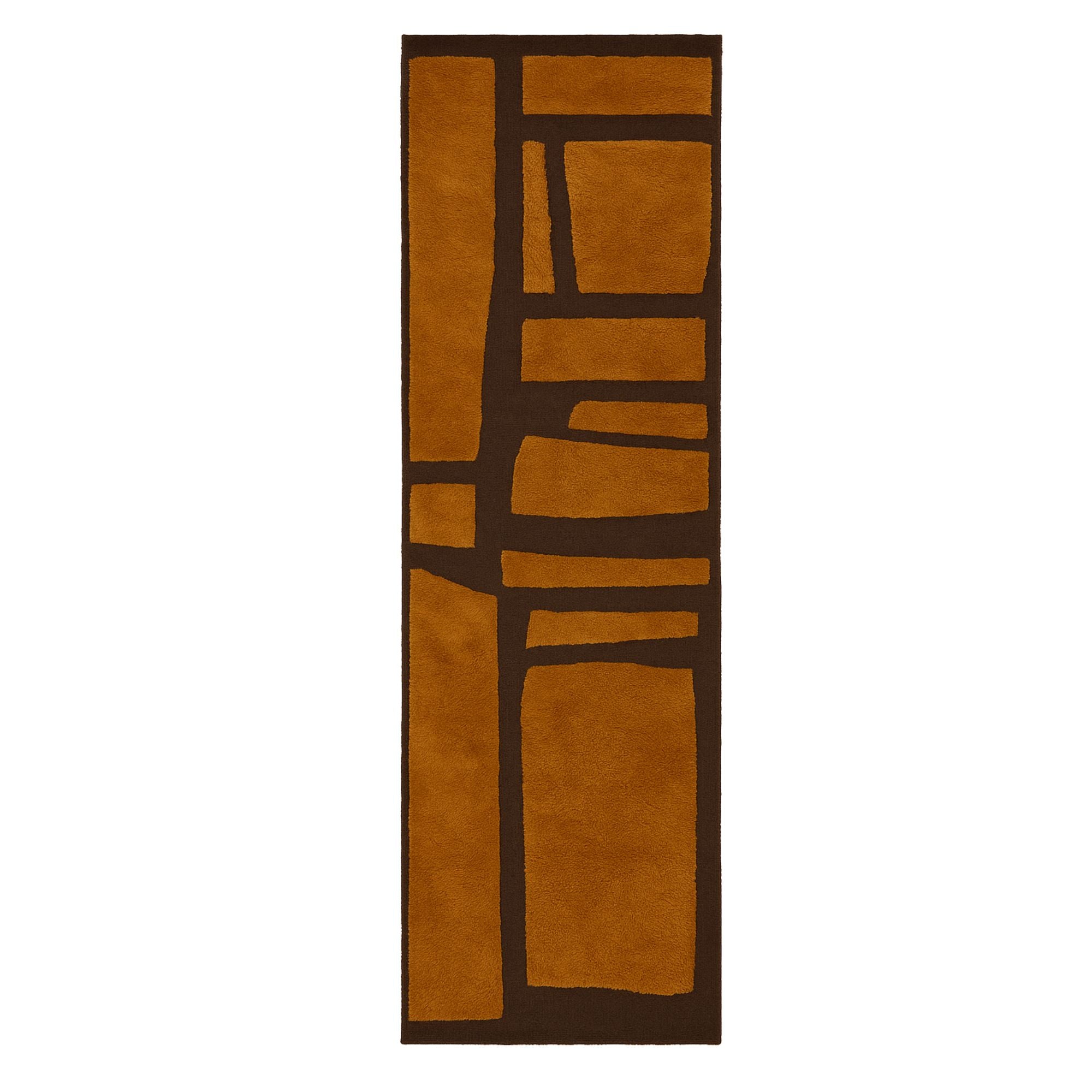 Handwoven Moroccan wool runner, Earthbound Geometry design from Tactile Reverie collection, chocolate-brown flat weave with cocoa high-pile geometric sections, long narrow format.