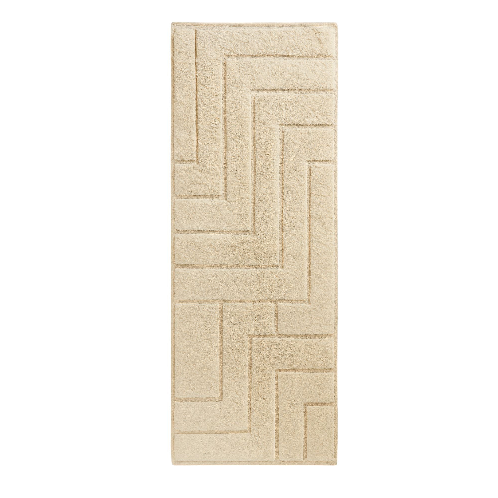 Handwoven Moroccan wool runner, Echo Loops design from Tactile Reverie collection, ivory high-pile rug with hand-carved concentric loop pattern, flatwoven base accents, elongated narrow format.