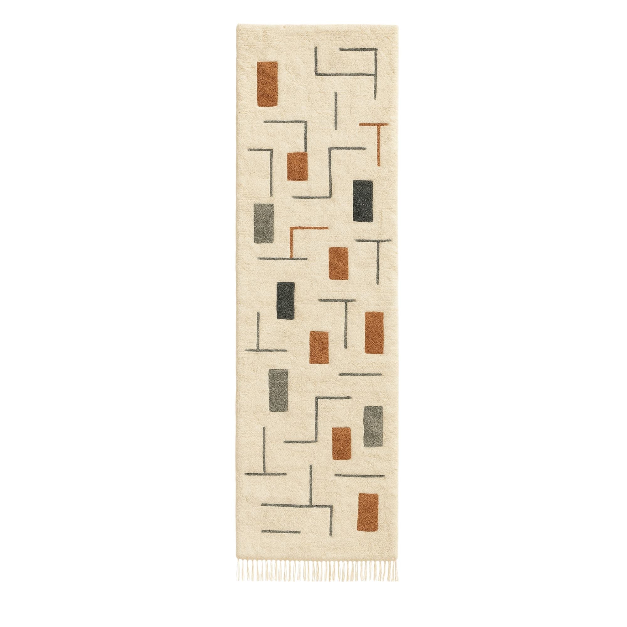 Handwoven Moroccan wool runner, Field Study design from Soft Geometry collection, ivory background with fog grey, sumi ink, and rusted copper rectangular motifs, high-pile texture with fringe ends