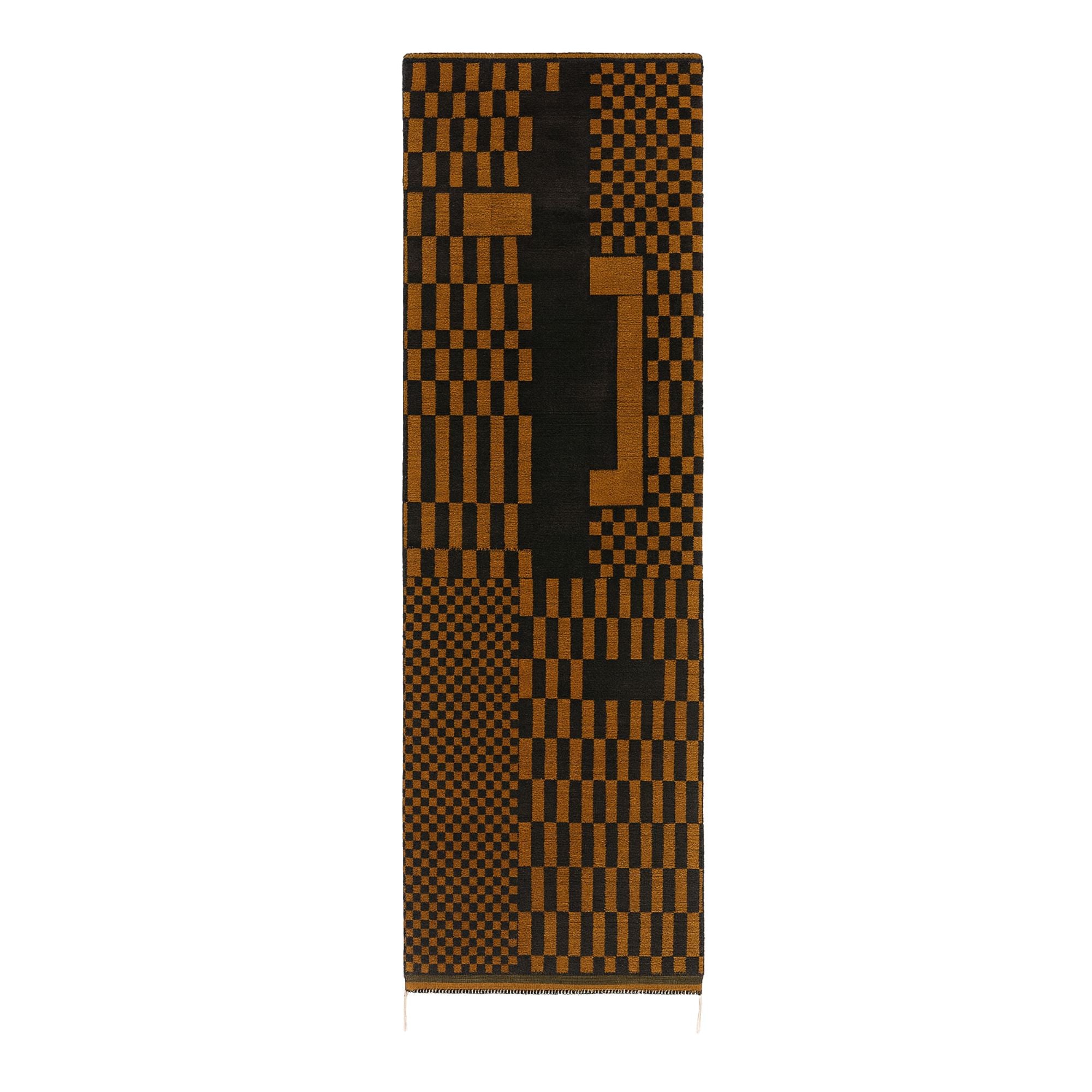 Handwoven Moroccan wool runner, Frequencies design from Soft Geometry collection, burnt amber and blackened umber checkerboard pattern with shifting scales, high-pile texture.