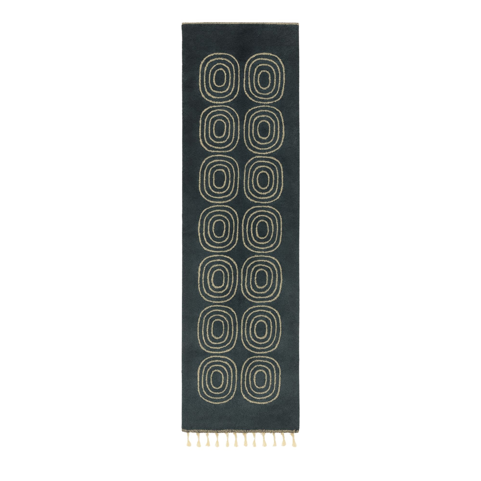 Handwoven Moroccan wool runner, Resonance design from Soft Geometry collection, storm blue with warm ivory concentric oval motifs, high-pile texture with fringe ends.