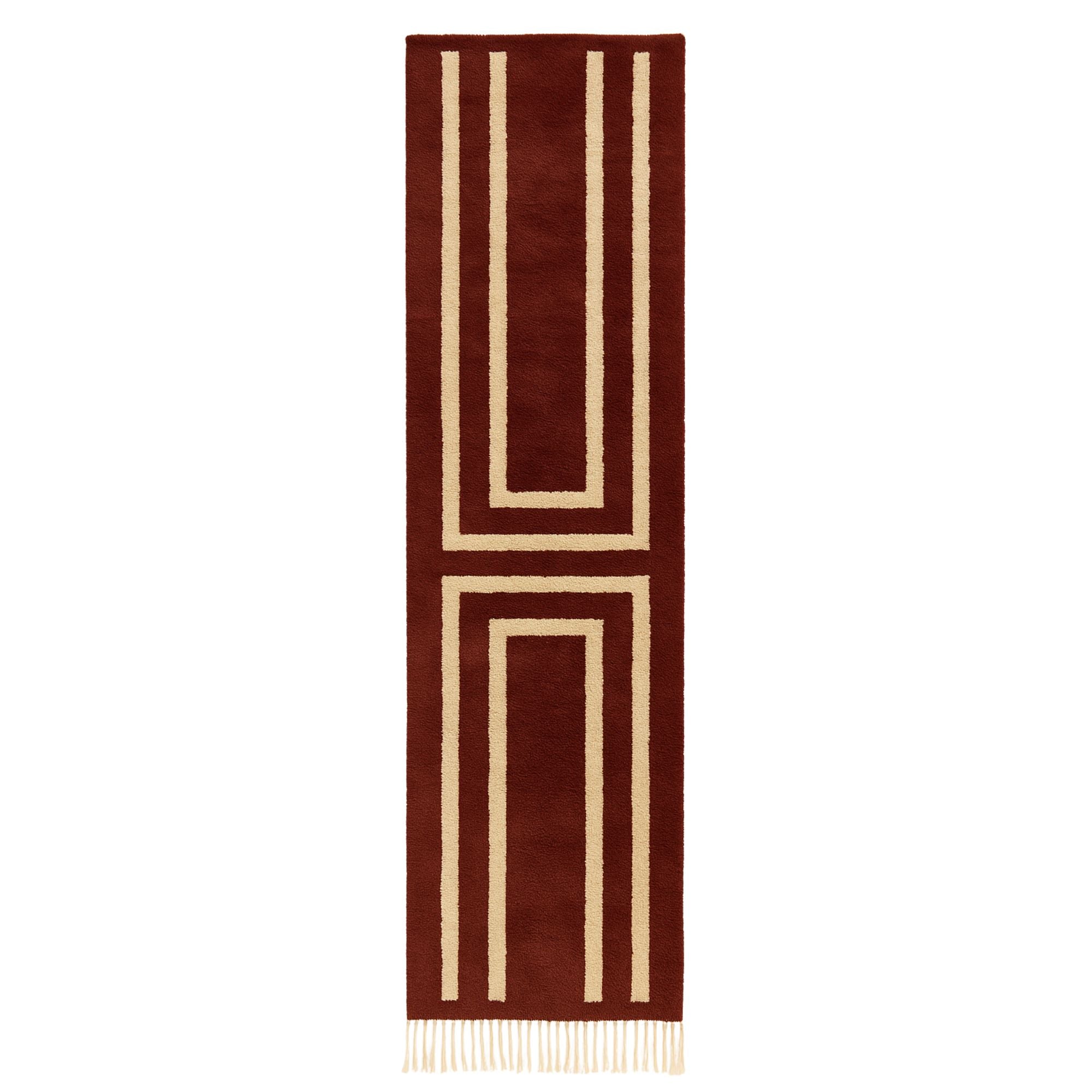 Handwoven Moroccan wool runner in oxblood red with off-white geometric pattern, Ember Steps design from Soft Geometry collection, artisan-made with fringe ends.