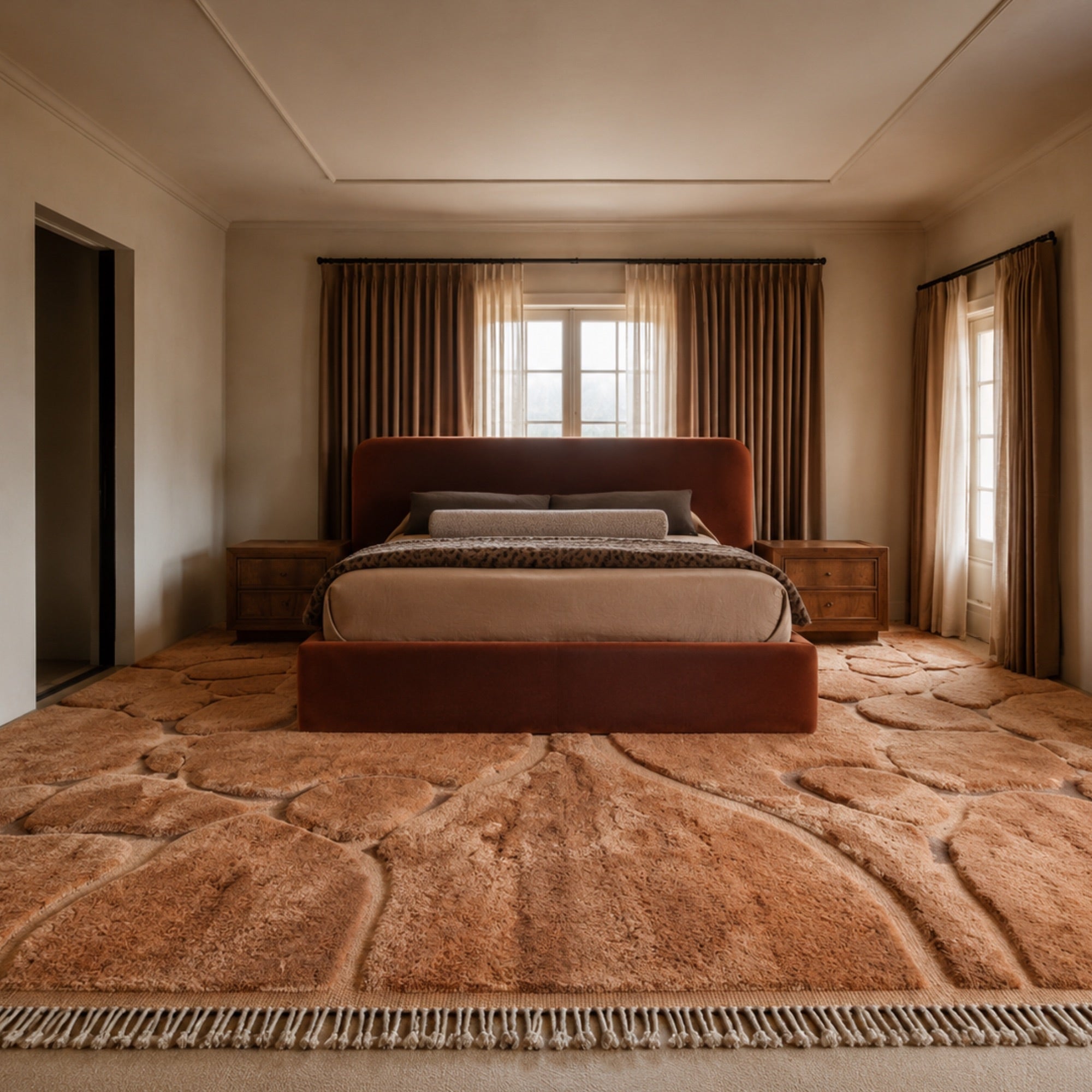 Handwoven Moroccan wool rug, Contour No. 02 design styled in a warm-toned bedroom.
