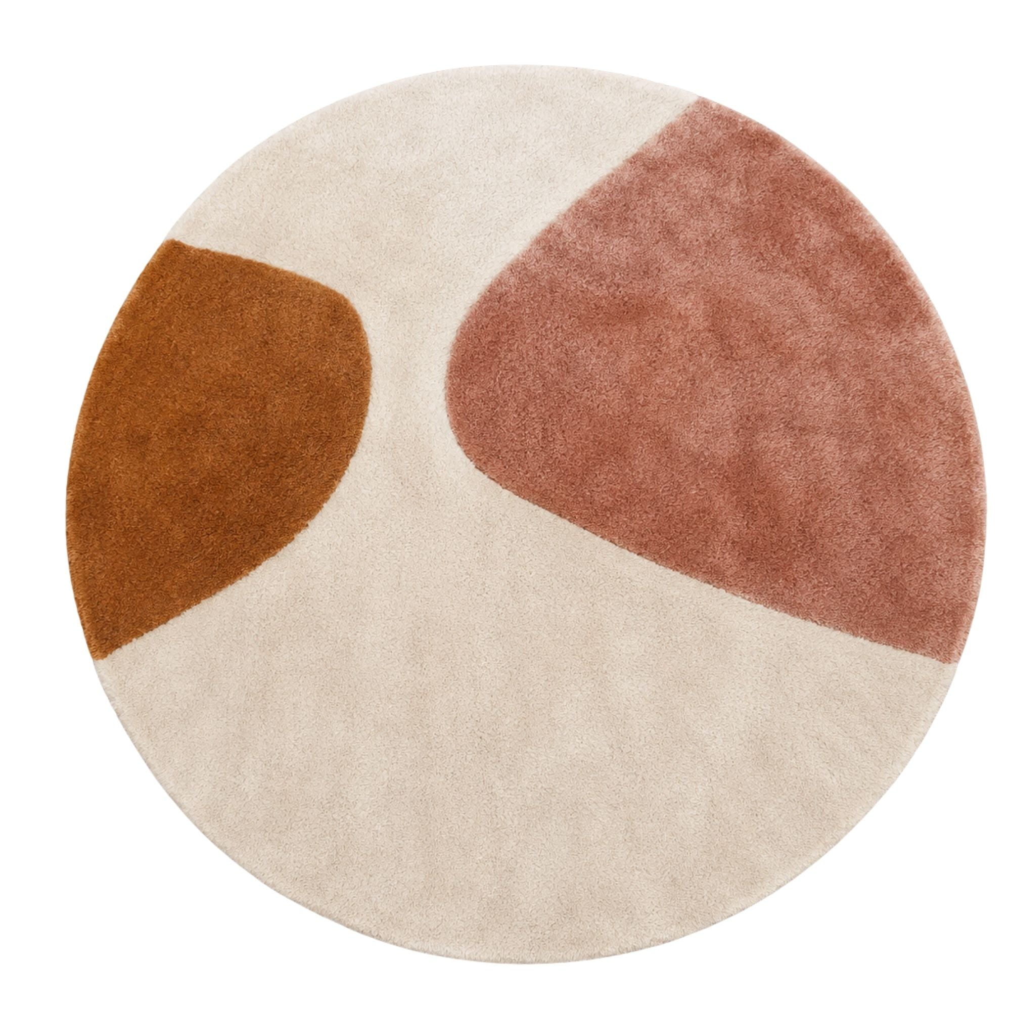 Handwoven Moroccan wool rug, Cove design, round rug with rust and dusty rose shapes on ivory field, high-pile texture.