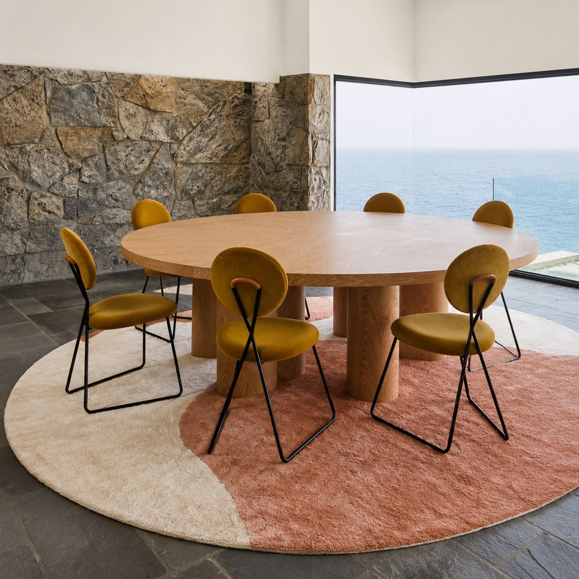 Handwoven Moroccan wool rug, Cove design styled beneath a round dining table by the sea.