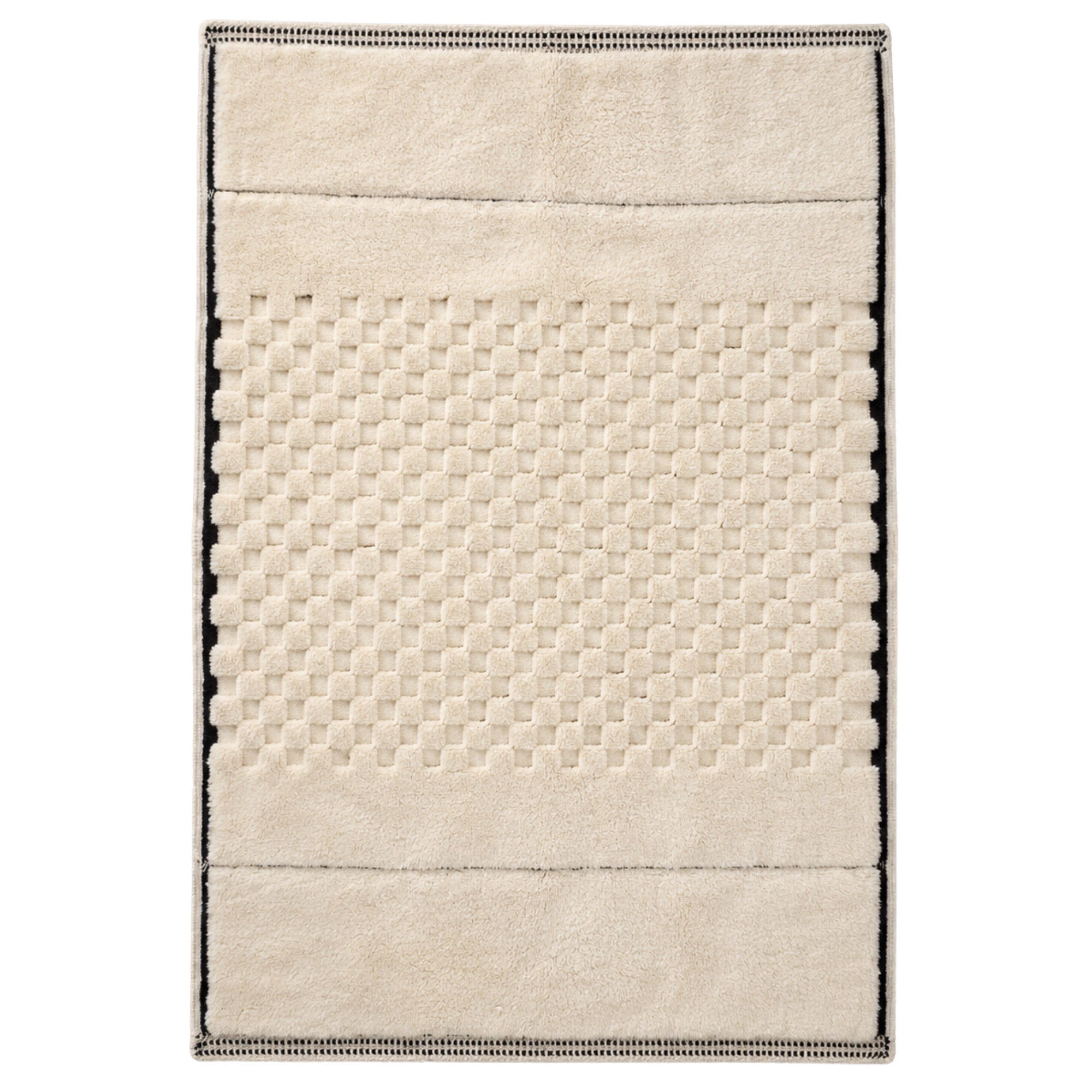 Handwoven Moroccan wool rug, Interval design, ivory raised checker weave band framed by plain wool borders.