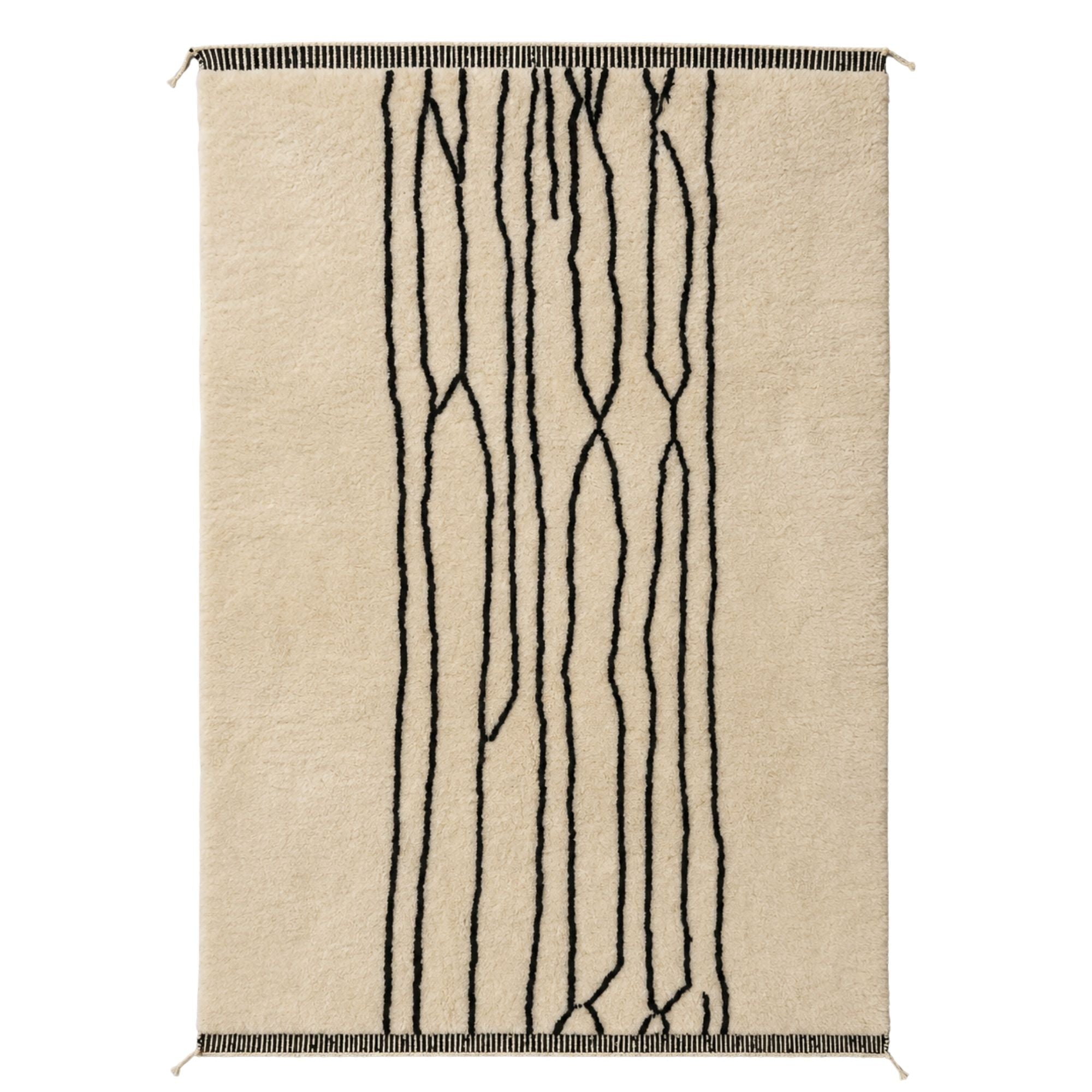 Handwoven Moroccan wool rug, Reed Line design, ivory field with vertical black line pattern and striped border.