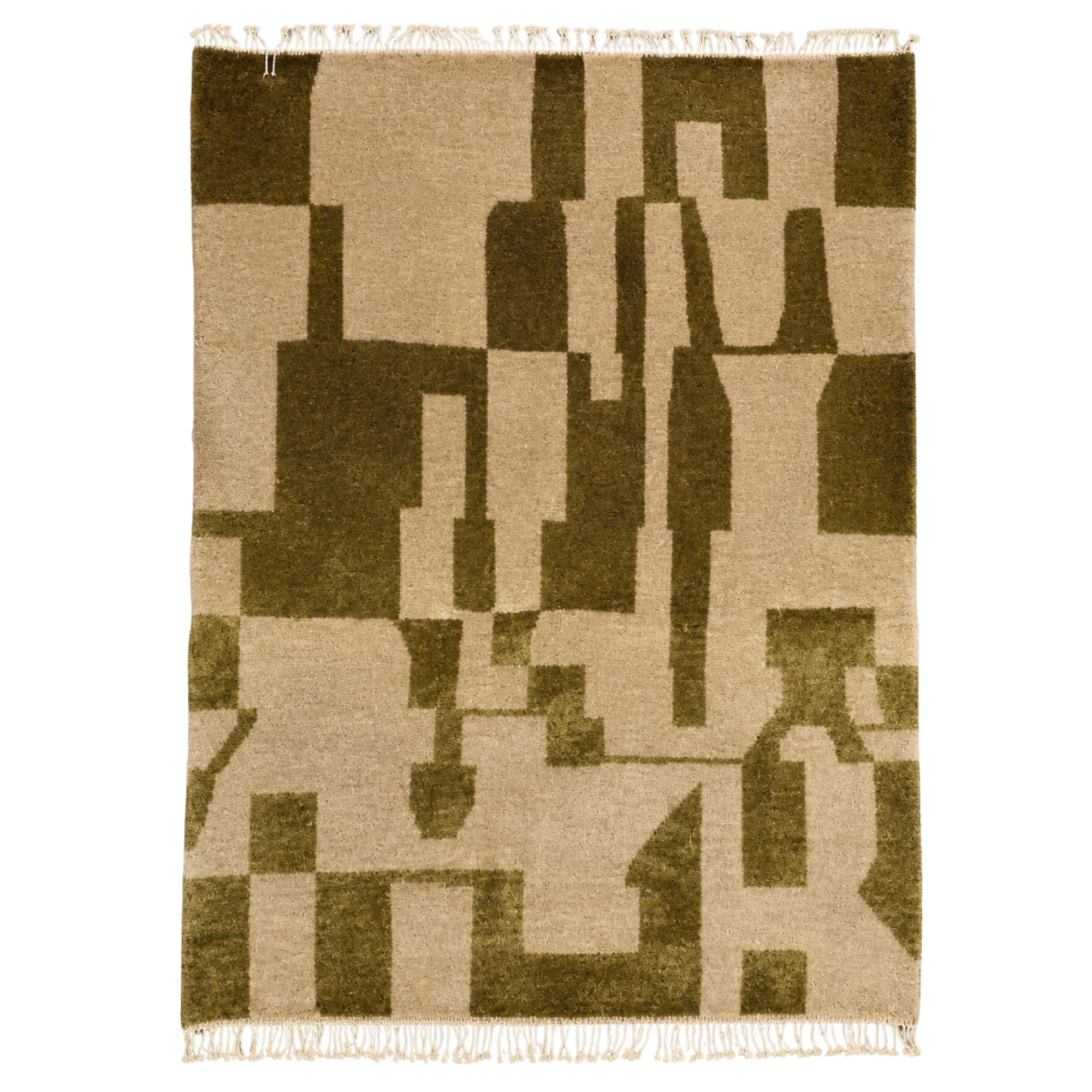 Handwoven Moroccan wool rug, Relic design, abstract olive and beige cubist pattern with fringe on both ends.