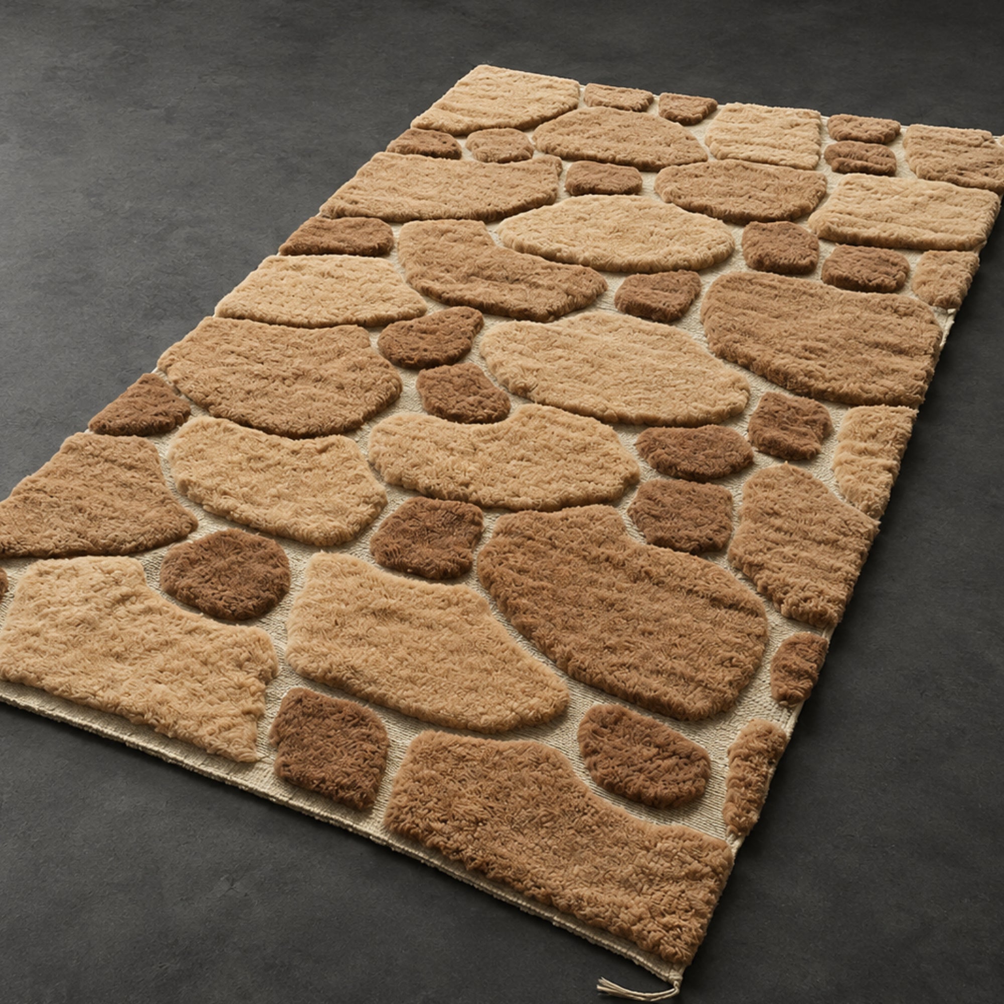 Handwoven Moroccan wool rug, Sediment design, layered earth-tone pattern shown at an angle on dark flooring.