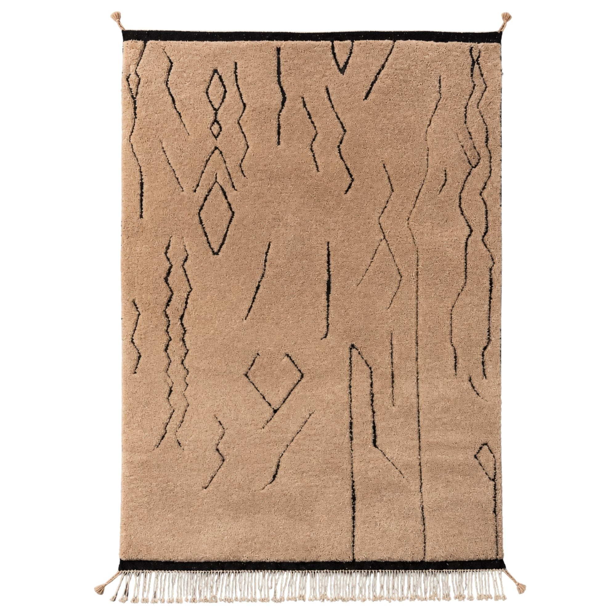 Handwoven Moroccan wool rug, Tracks design, sand-toned field with sparse black line pattern and fringe edges.