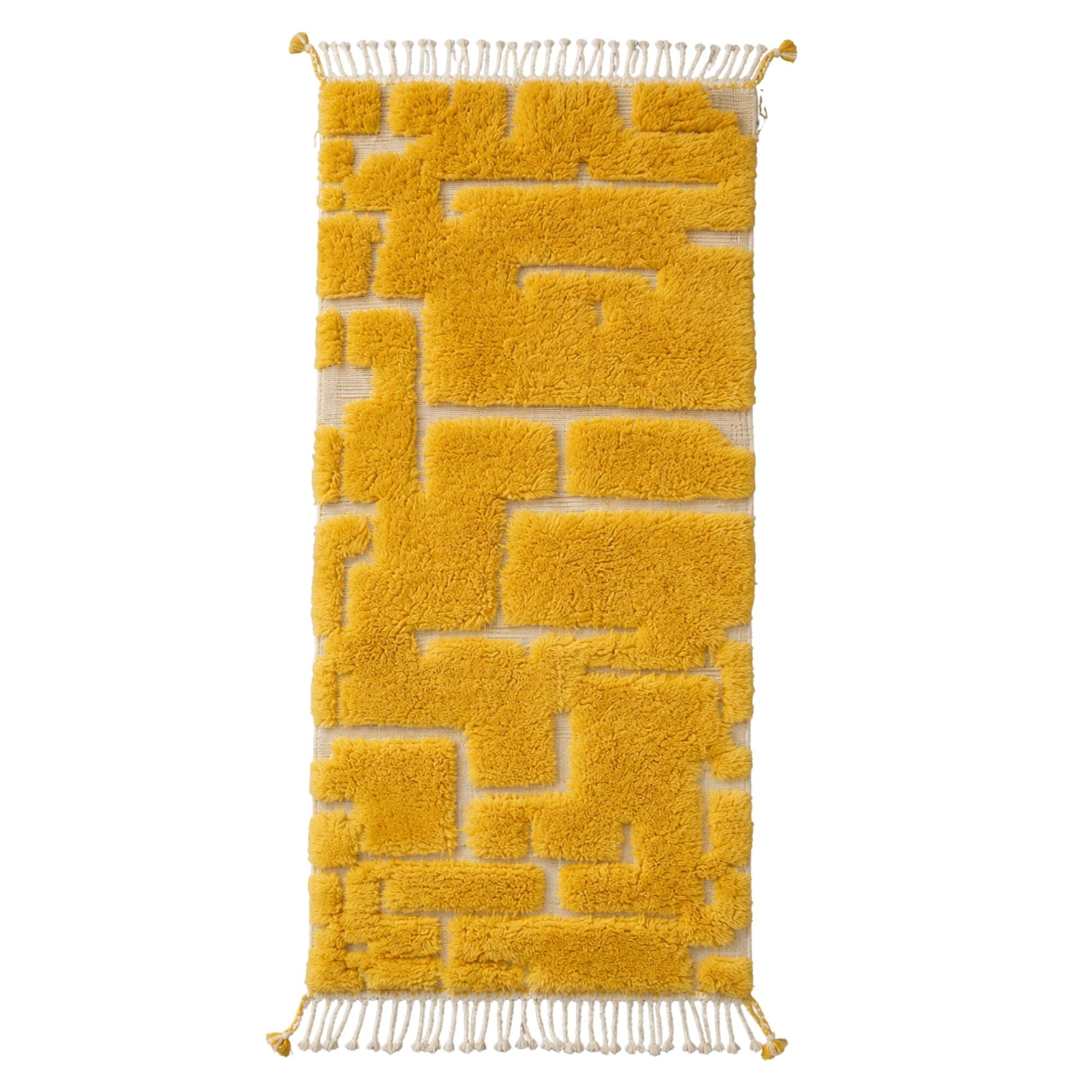 Handwoven Moroccan wool runner rug, Solarium design, saffron-yellow mosaic block pattern, high-pile texture, fringe edges.