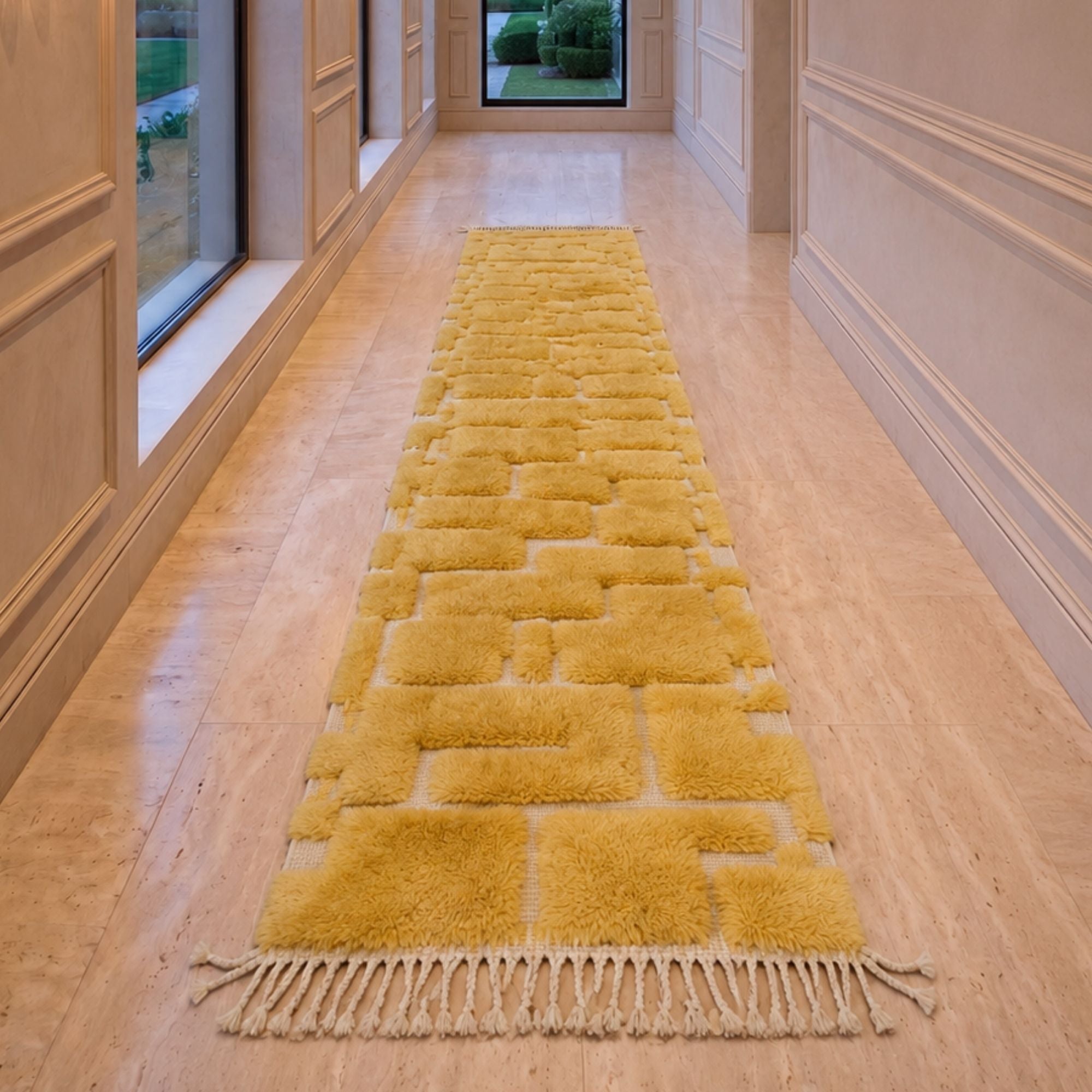 Handwoven Moroccan wool runner rug, Solarium design styled in a sunlit marble hallway.