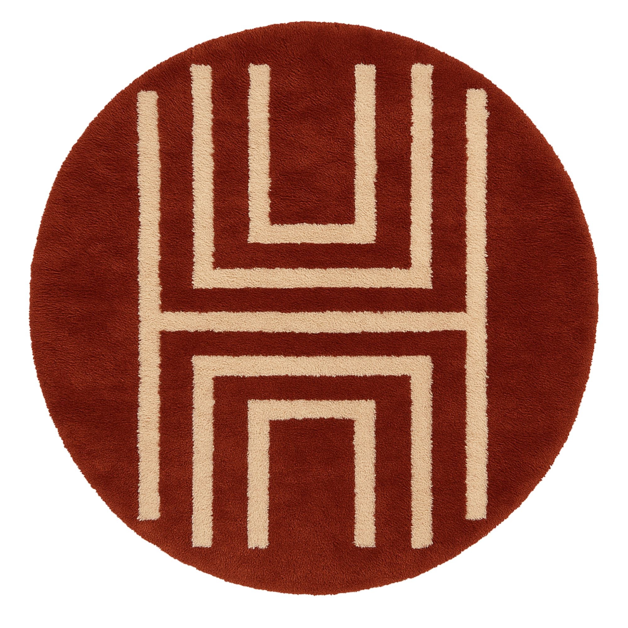 Handwoven round Moroccan wool rug in oxblood red with off-white geometric pattern, Ember Steps design, Soft Geometry collection, artisan-crafted with plush texture.