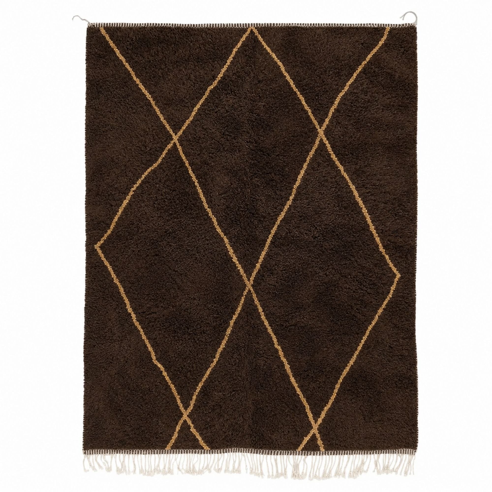 Intersect No. 01 chocolate brown Moroccan wool rug with camel geometric lines