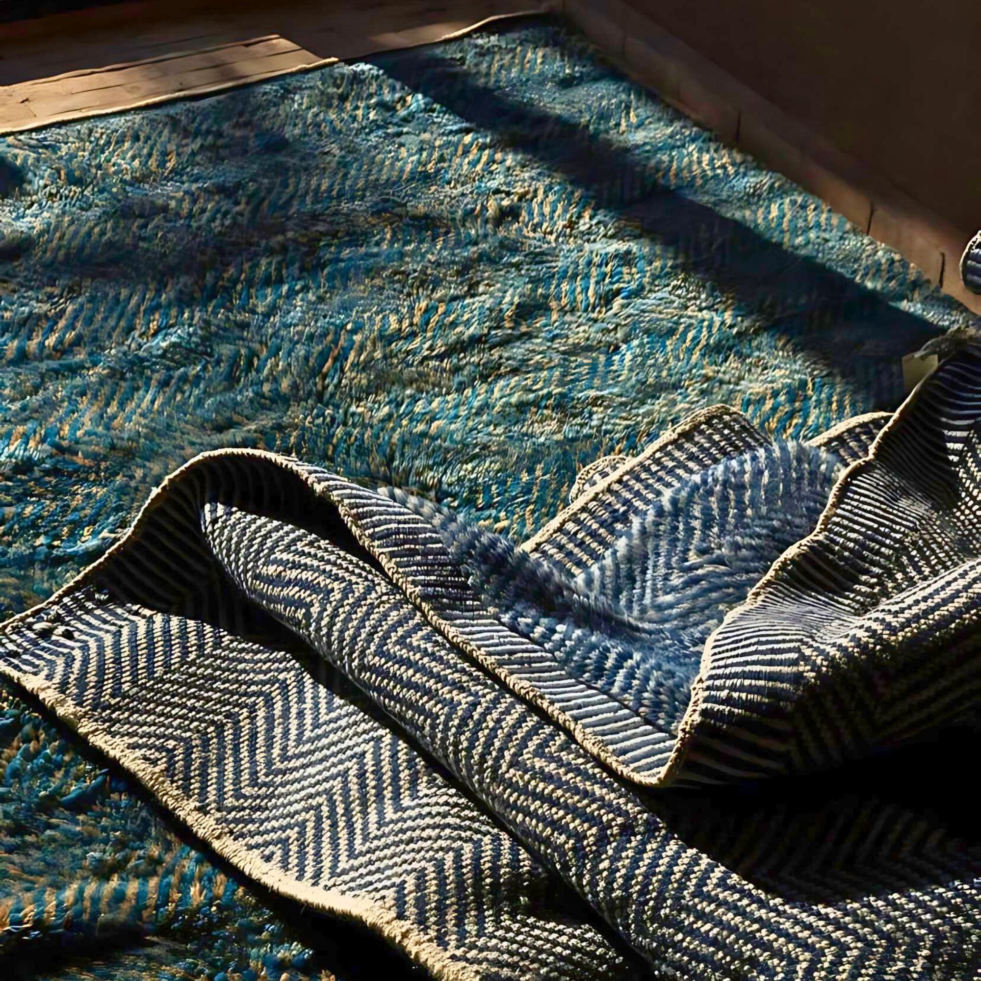 Moroccan Melody blue Moroccan rug with a zigzag design in blue and orange, handwoven by Berber artisans