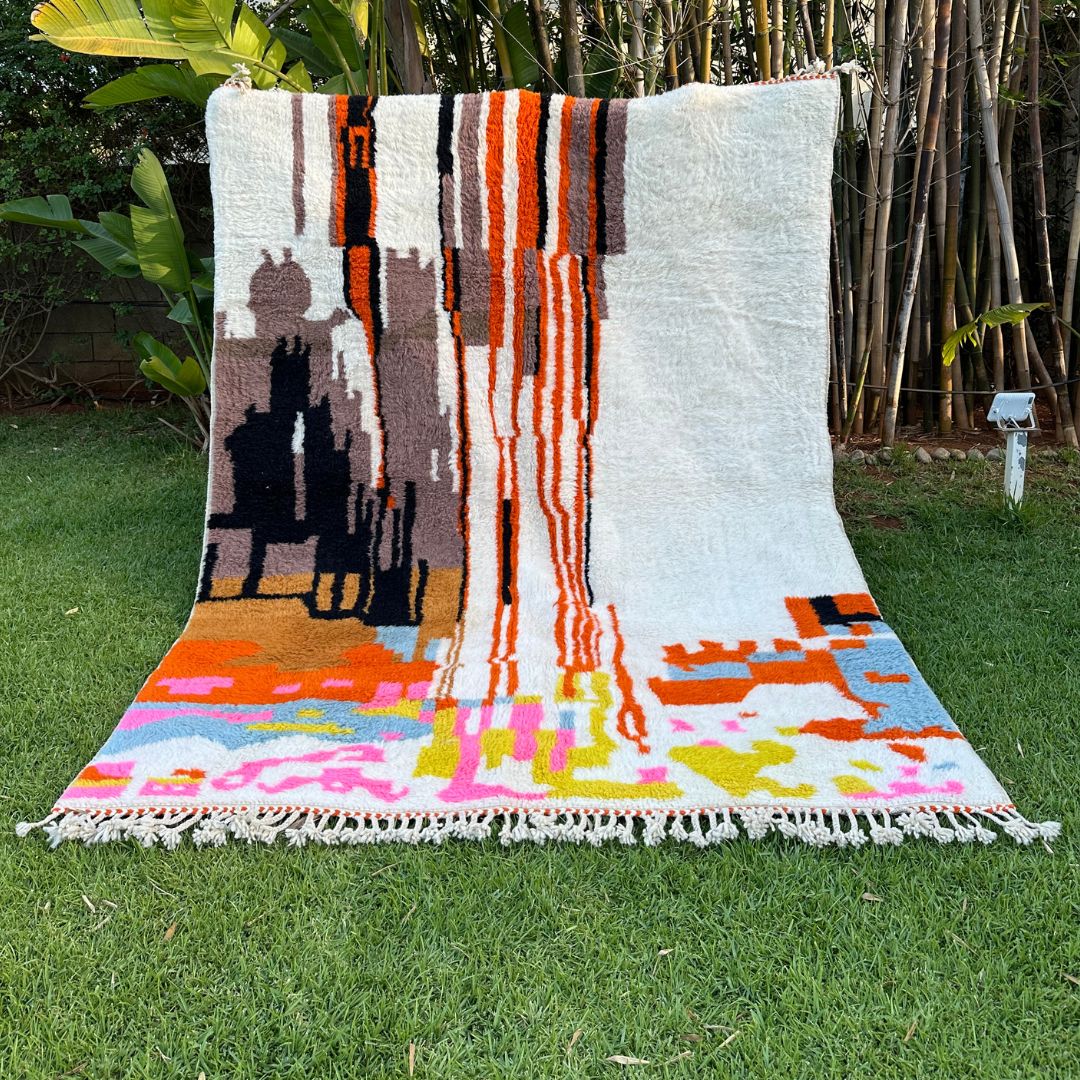 Moroccan Splendor custom Moroccan rug with a contemporary multicolor design on a white canvas, handcrafted by Berber artisans