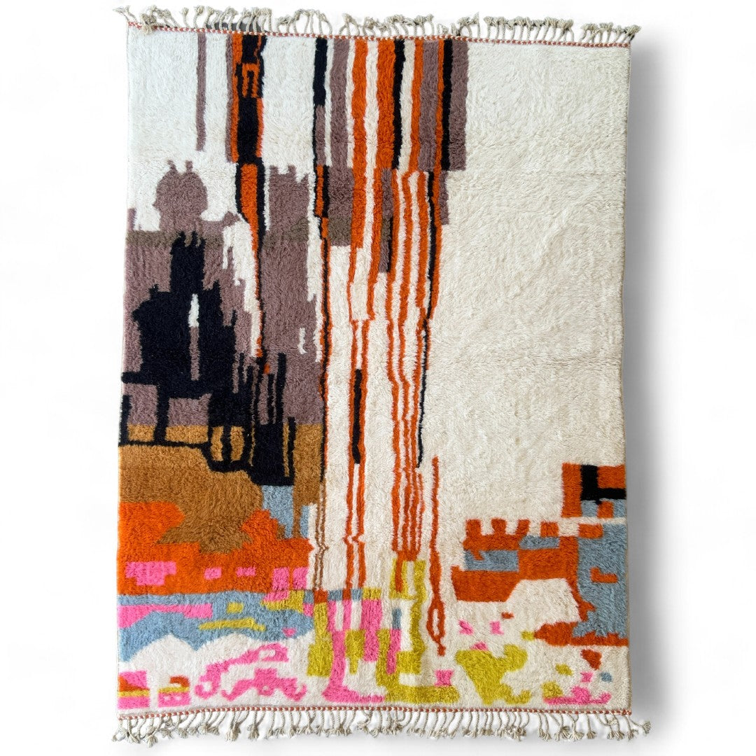 Moroccan Splendor 8x10 Moroccan rug with a contemporary multicolor design on a white canvas, handcrafted by Berber artisans